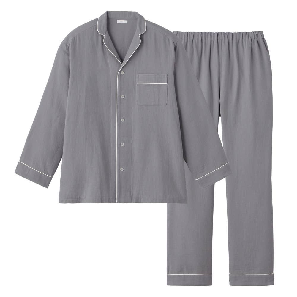【 綿100％ Ｗガーゼ 】パジャマ　長袖長パンツ 【送料無料】 GM2011 ライトグレー