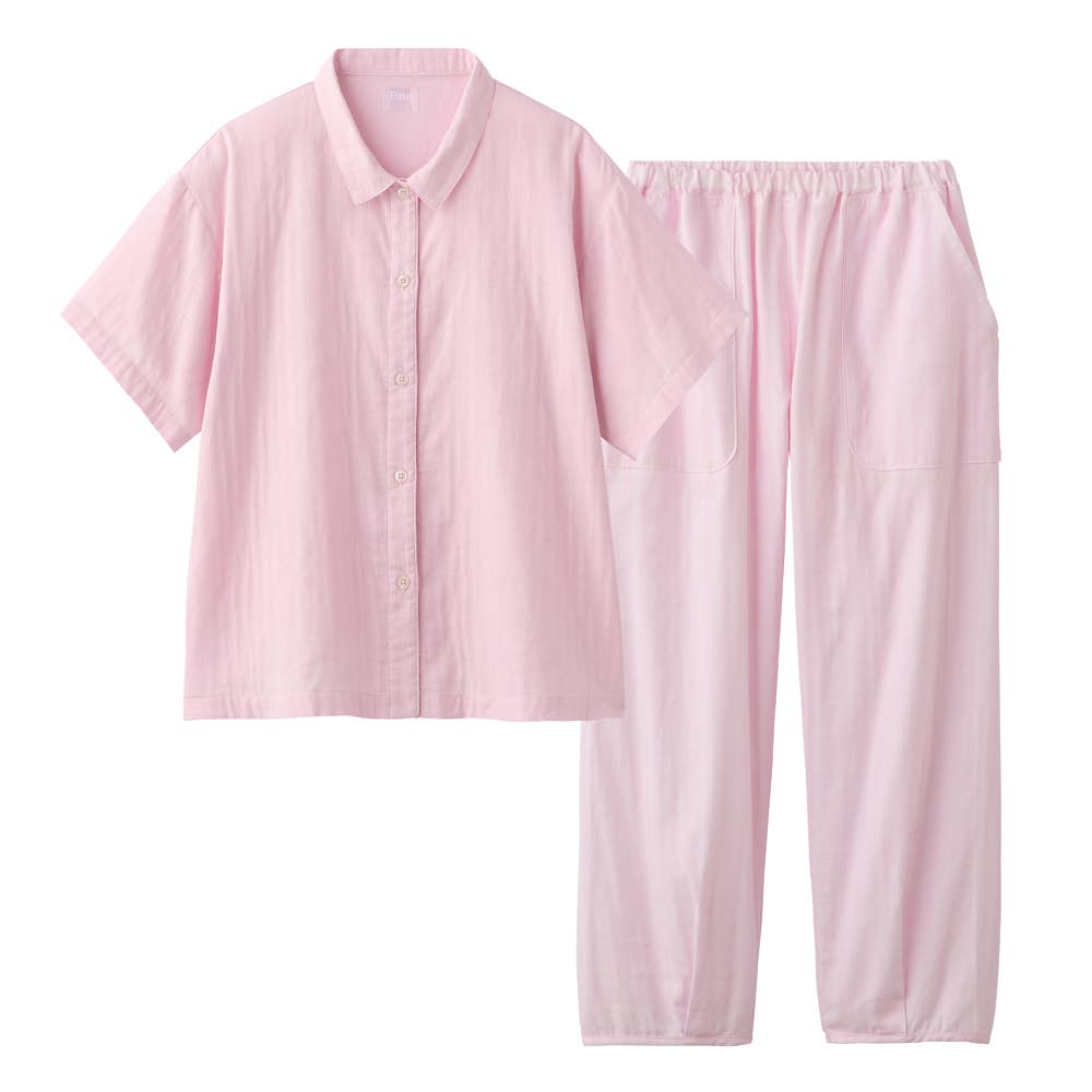 【Fitte（綿100%）】 ダブルガーゼ 5分袖長パンツ パジャマ KL1006 ピンク