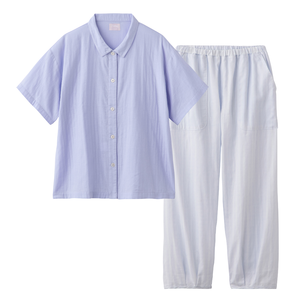 【Fitte（綿100%）】 ダブルガーゼ 5分袖長パンツ パジャマ KL1006 ブルー