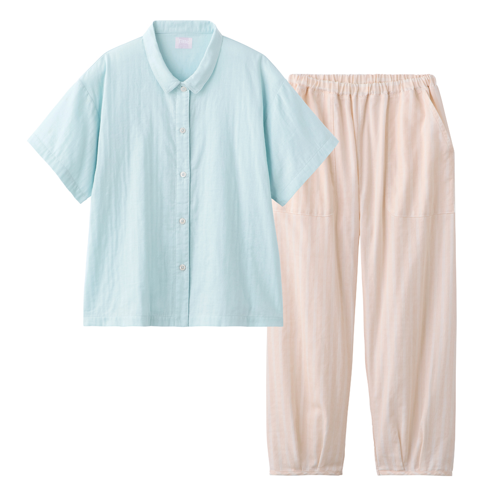 【Fitte（綿100%）】 ダブルガーゼ 5分袖長パンツ パジャマ KL1006 グリーン