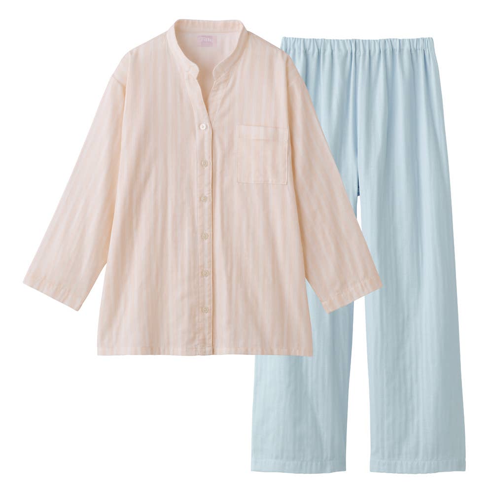 【Fitte（綿100%）】 ダブルガーゼ 長袖長パンツ ノーカラーパジャマ KL2026 イエロー