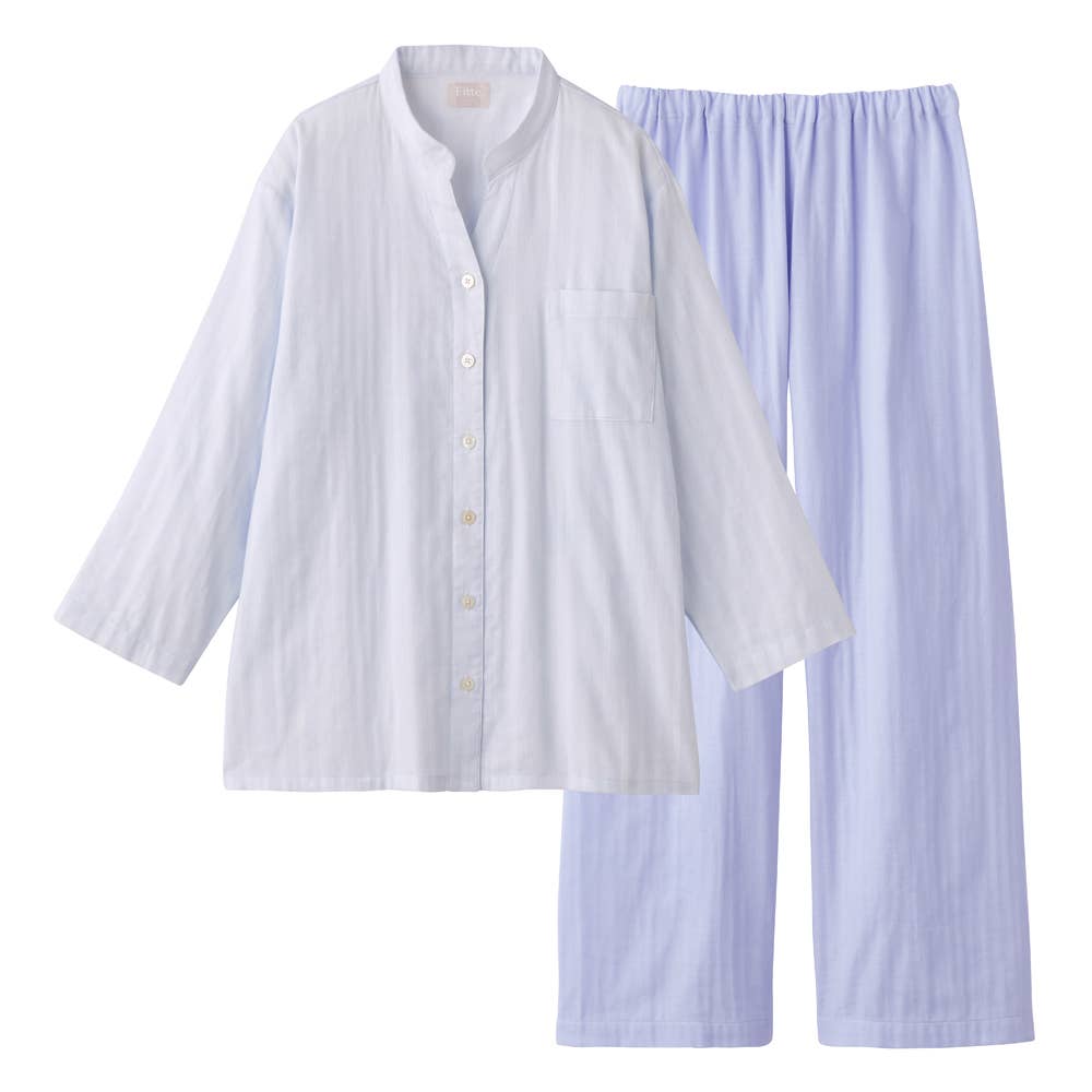 【Fitte（綿100%）】 ダブルガーゼ 長袖長パンツ ノーカラーパジャマ KL2026 ブルー