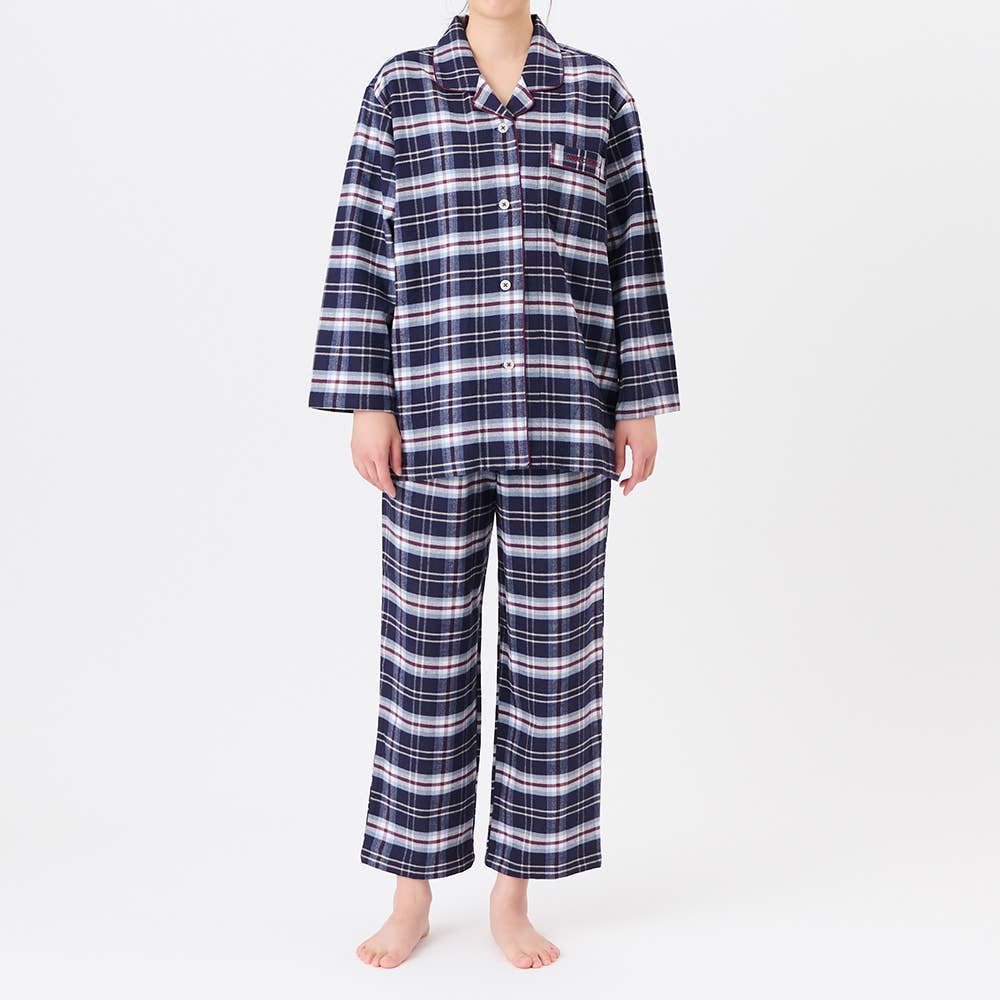 【綿100％】先染めネル起毛 長袖長パンツ パジャマ MD6125 ネービーブルー