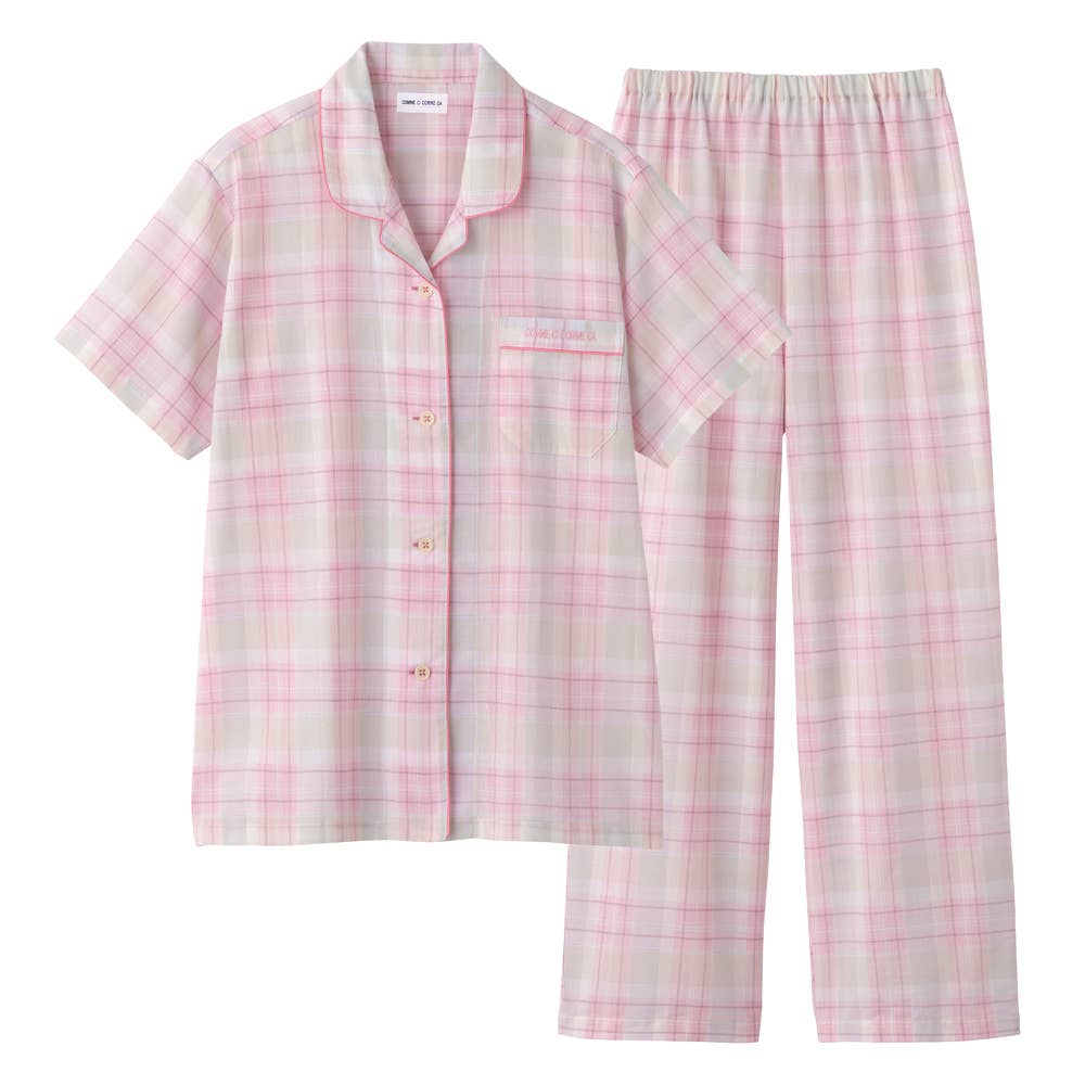 【綿100】 チェック柄 半袖 長パンツ パジャマ 上下セット MD7316 ピンク