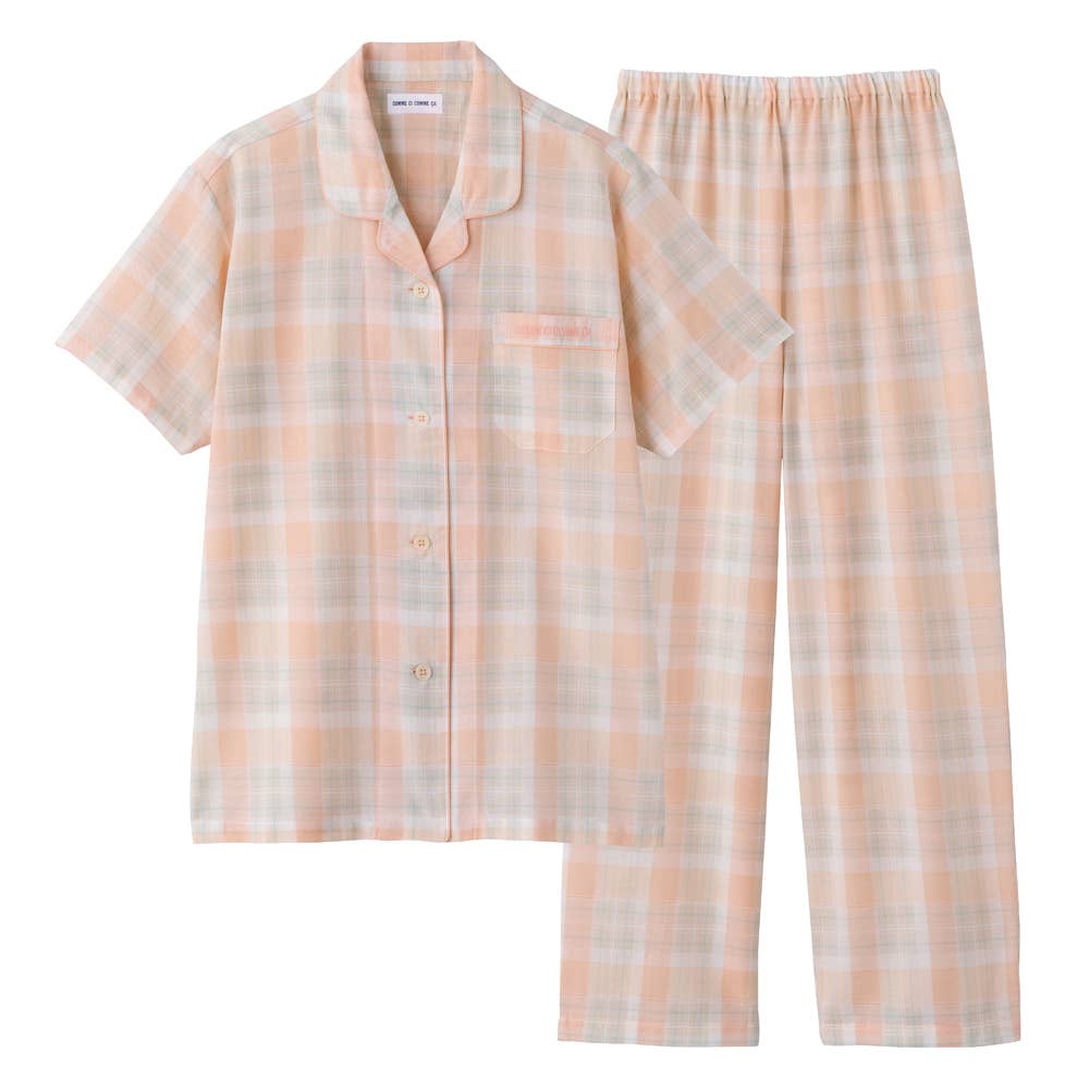 【綿100】 チェック柄 半袖 長パンツ パジャマ 上下セット MD7316 オレンジ