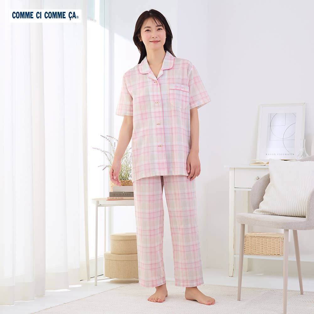 【綿100】 チェック柄 半袖 長パンツ パジャマ 上下セット