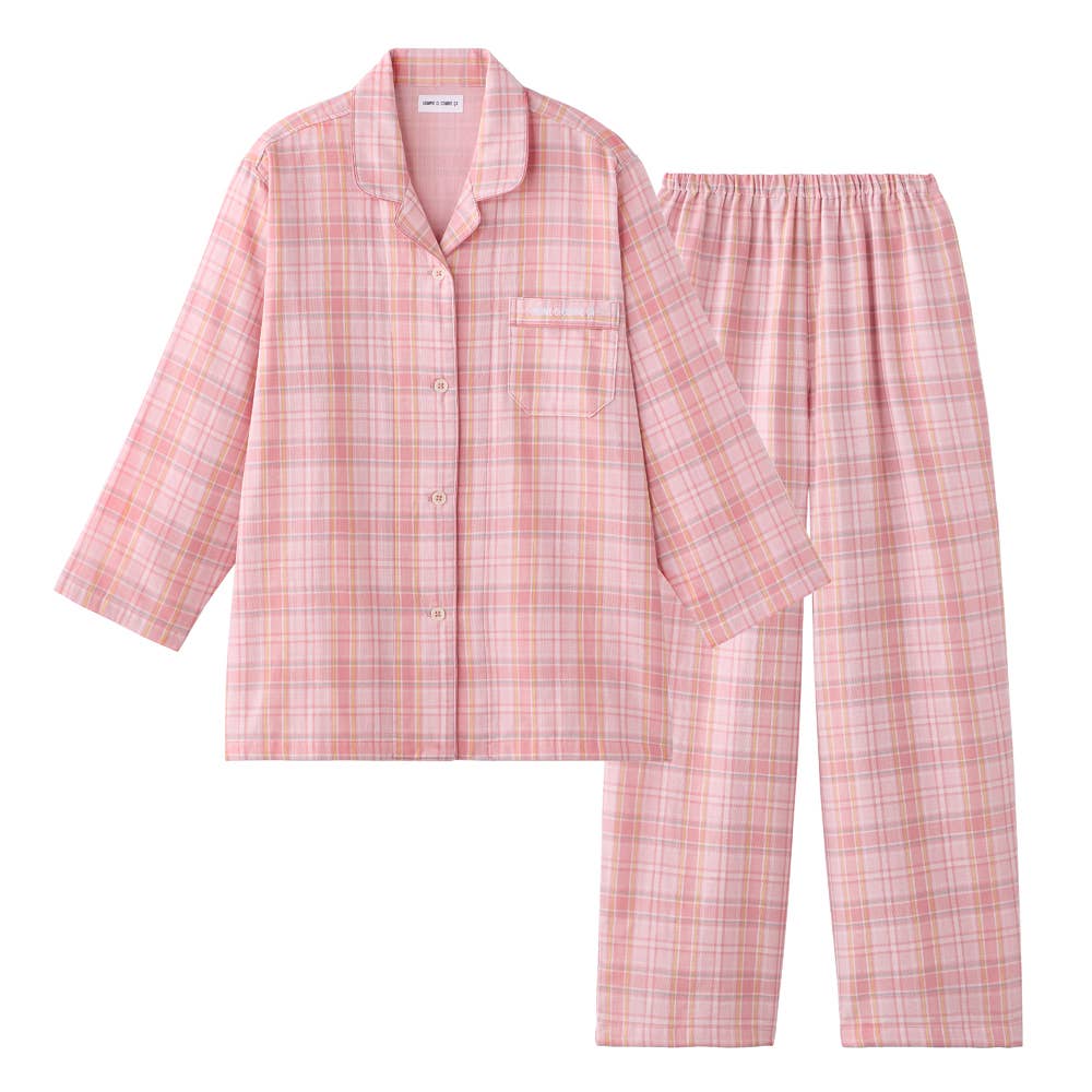【綿100・ダブルガーゼ】 チェック柄 長袖 長パンツ パジャマ 上下セット MD8296 ピンク