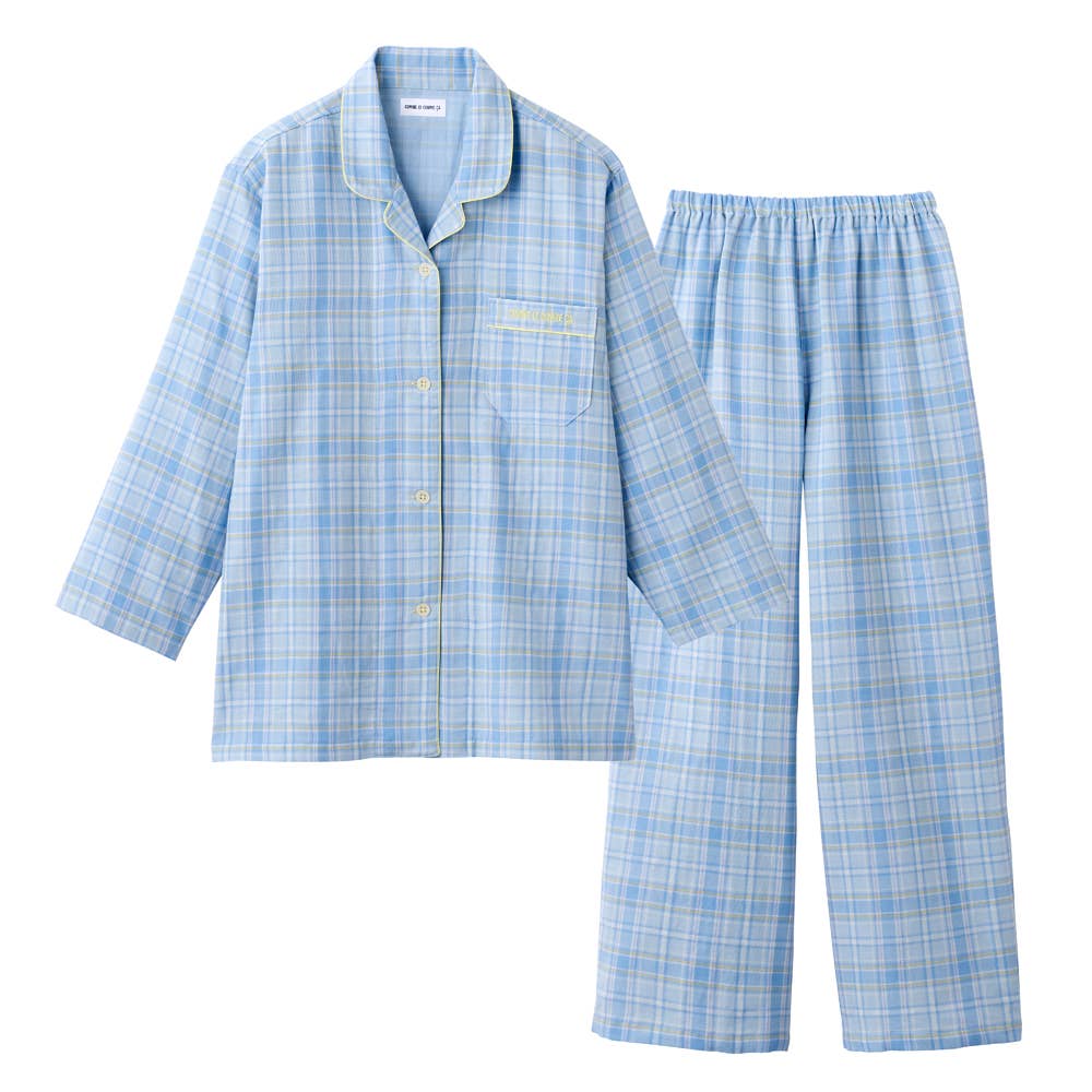 【綿100・ダブルガーゼ】 チェック柄 長袖 長パンツ パジャマ 上下セット MD8296 サックス