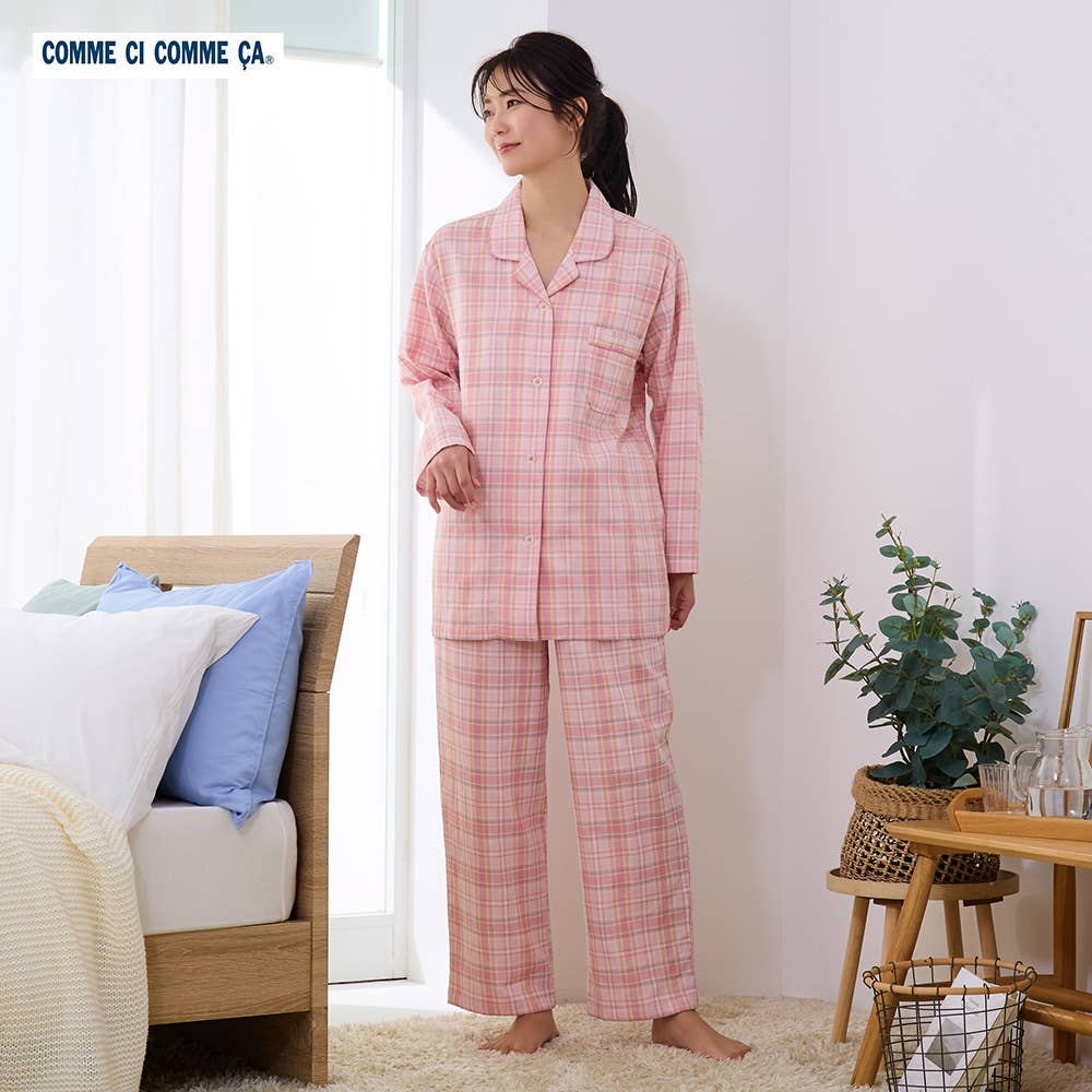【綿100・ダブルガーゼ】 チェック柄 長袖 長パンツ パジャマ 上下セット