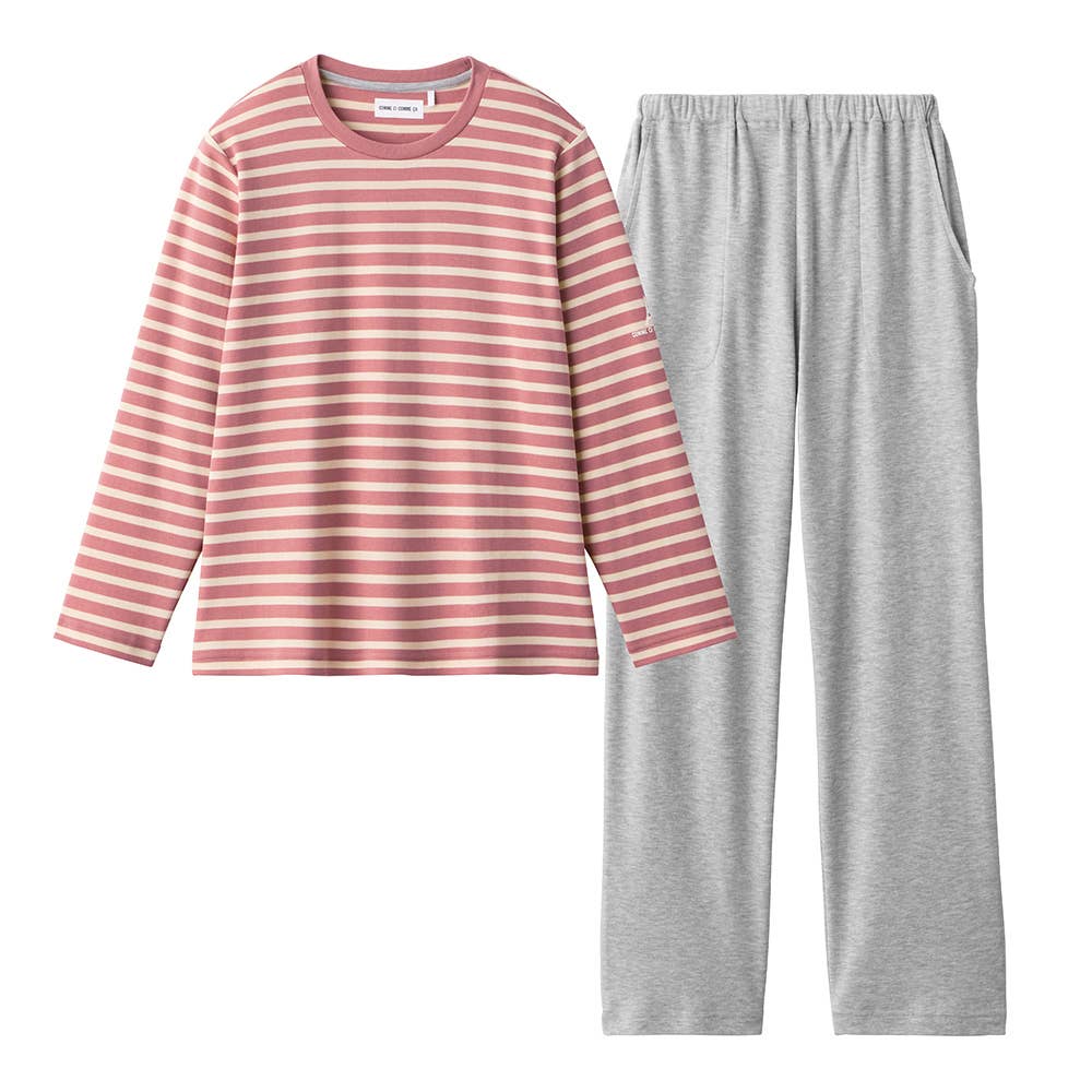 【綿混】先染めスムース 長袖長パンツ ボーダールームウェア MF6015 ピンク