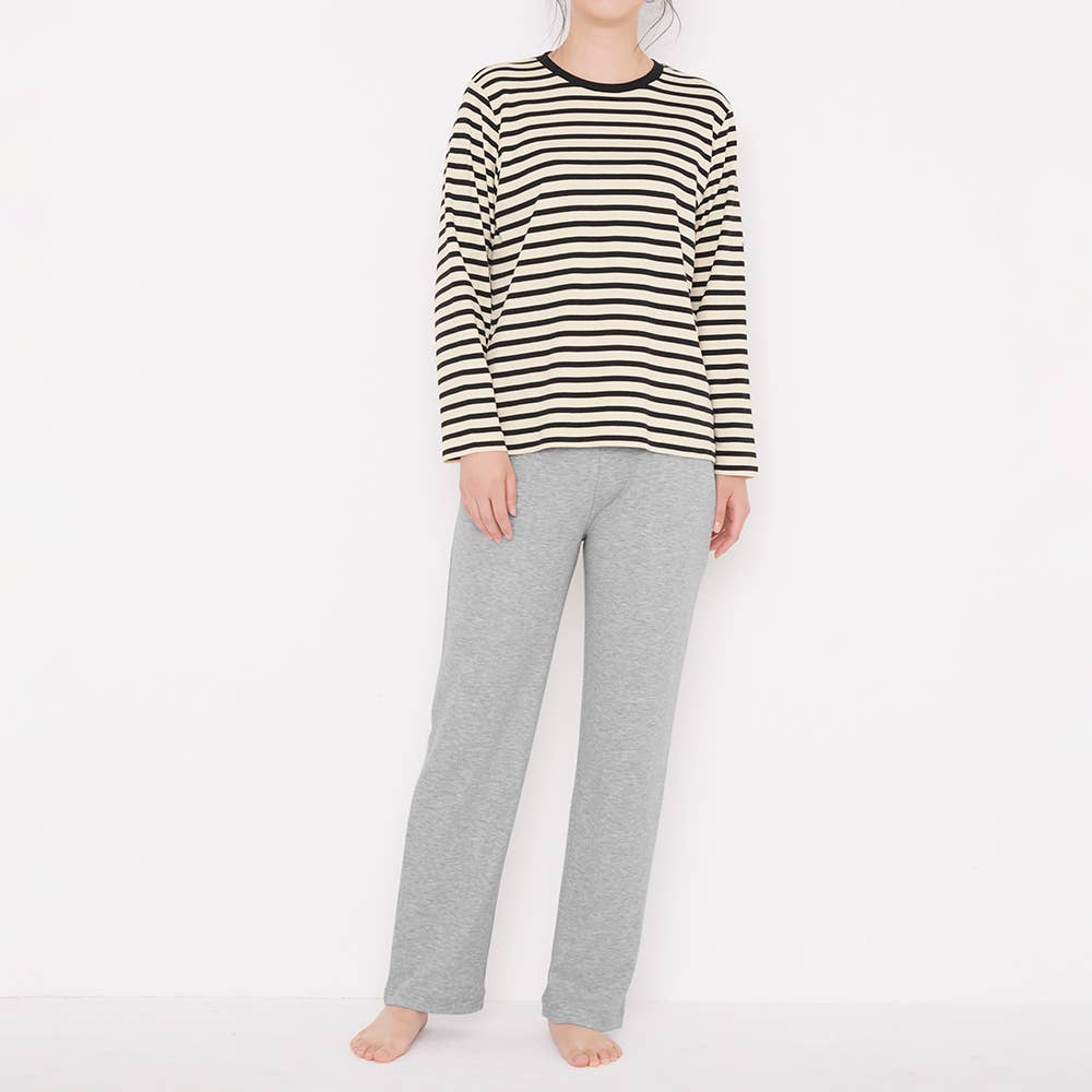 【綿混】先染めスムース 長袖長パンツ ボーダールームウェア MF6015 ブラック