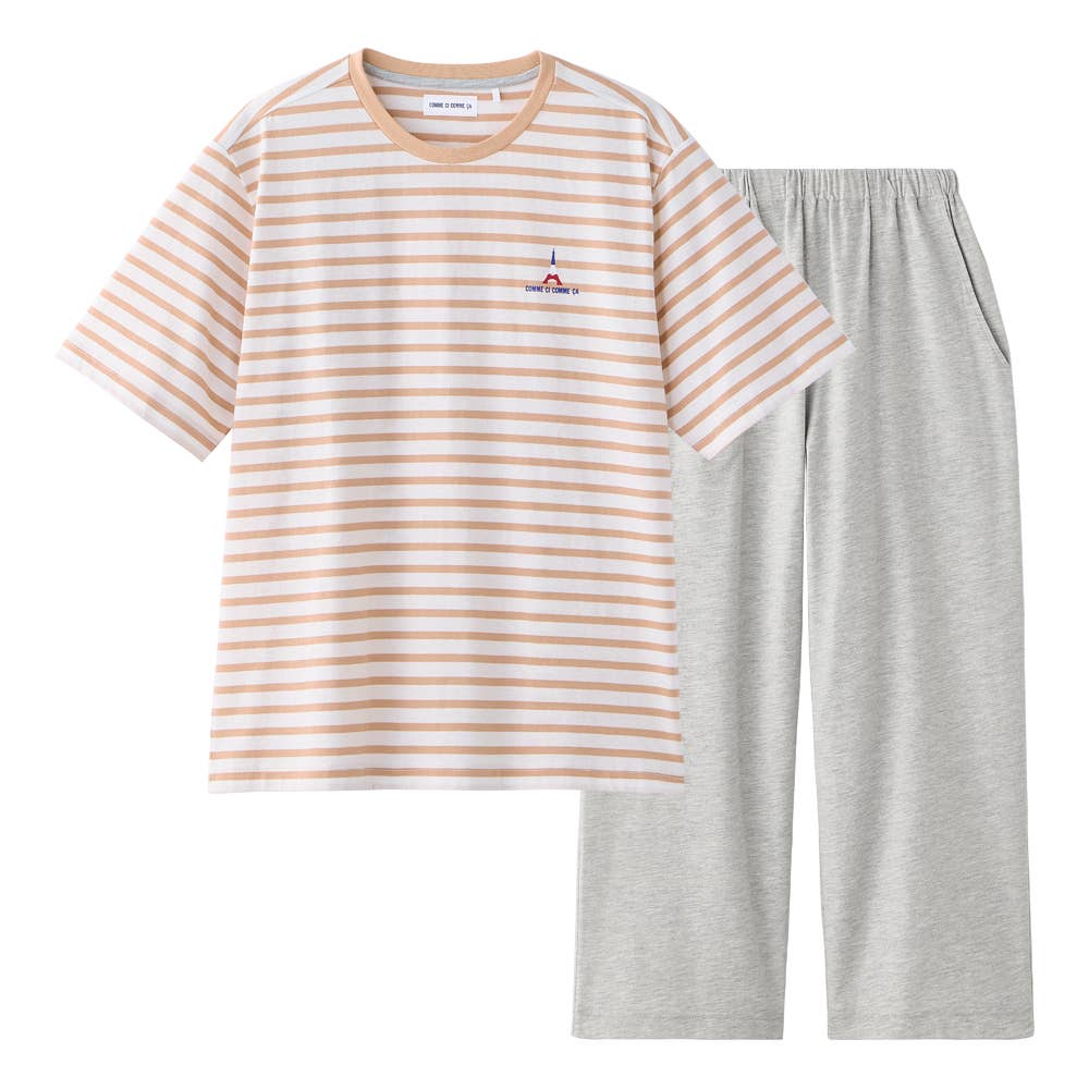 【綿混・天竺】ボーダー柄 5分袖 7分丈パンツ ルームウェア 上下セット MF7226 ペールオレンジ