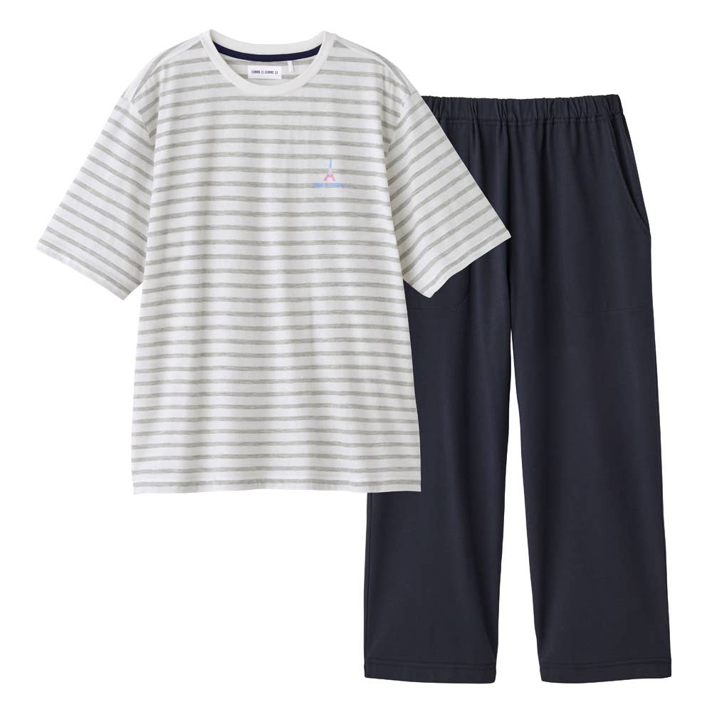 【綿混・天竺】ボーダー柄 5分袖 7分丈パンツ ルームウェア 上下セット MF7226 ライトグレー