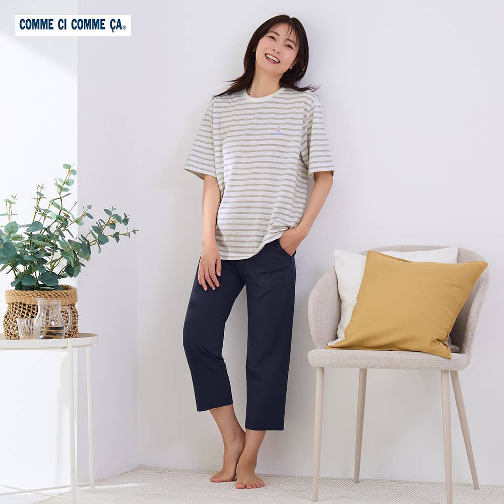 【綿混・天竺】ボーダー柄 5分袖 7分丈パンツ ルームウェア 上下セット