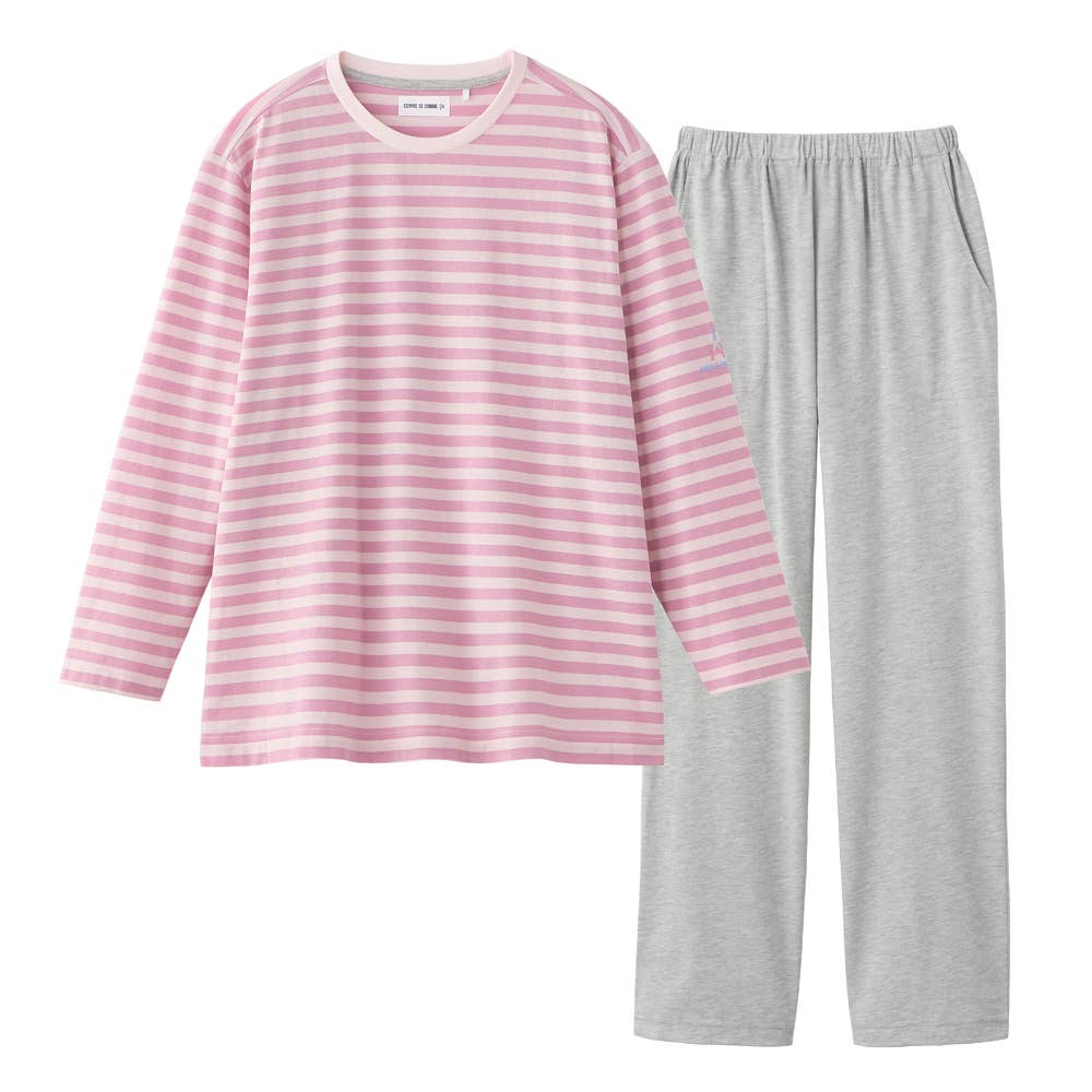 【綿混・天竺】ボーダー柄 長袖 長パンツ ルームウェア 上下セット MF8216EC ピンク