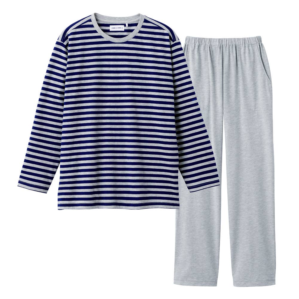 【綿混・天竺】ボーダー柄 長袖 長パンツ ルームウェア 上下セット MF8216EC ネービーブルー