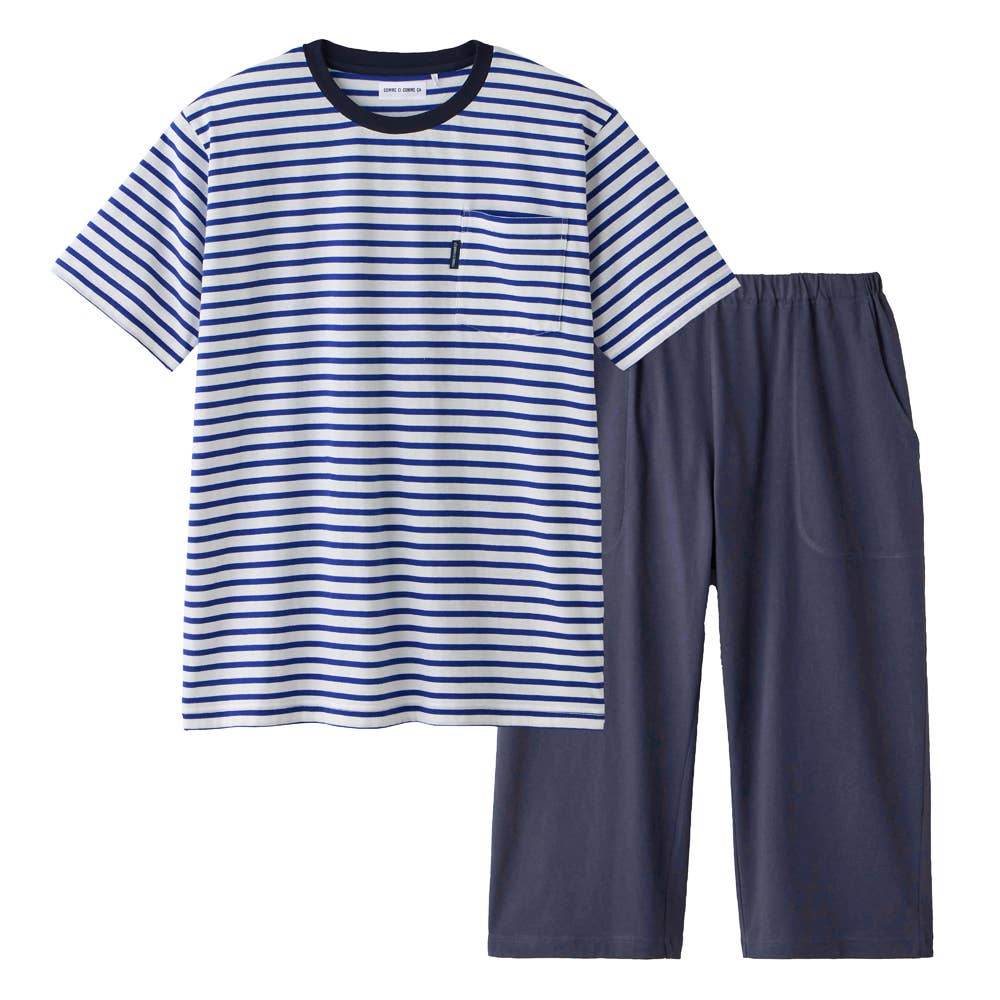 綿混 天竺ボーダー柄 ルームウェア 半袖７分丈パンツ MH7725 ブルー