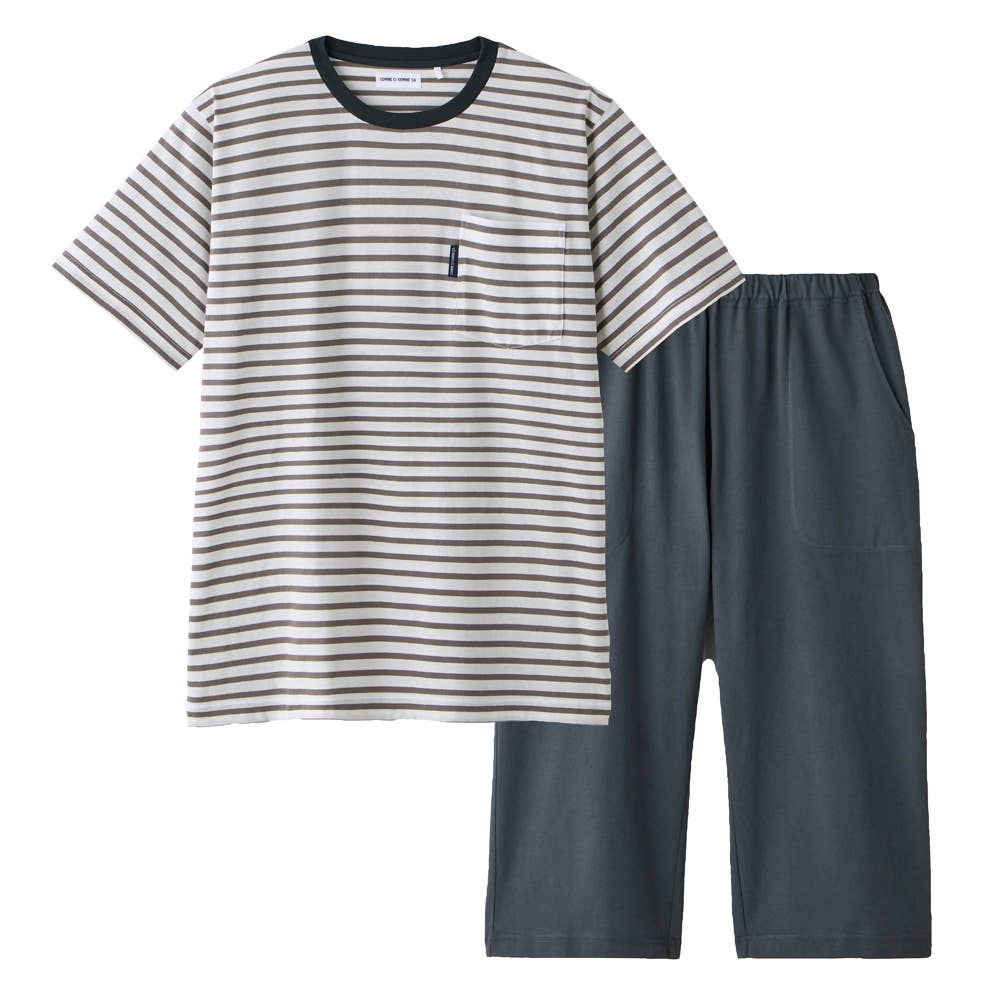 綿混 天竺ボーダー柄 ルームウェア 半袖７分丈パンツ MH7725 チャコールグレー