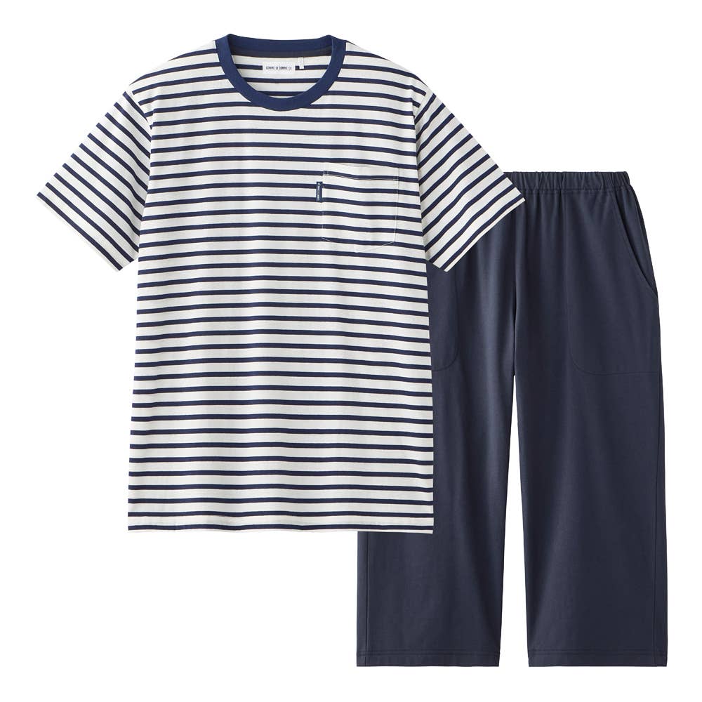 【綿混・天竺】ボーダー柄 半袖 7分丈パンツ ルームウェア 上下セット MH7726 ネービーブルー