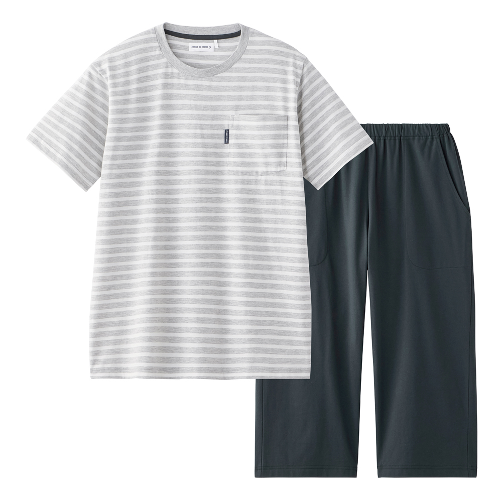 【綿混・天竺】ボーダー柄 半袖 7分丈パンツ ルームウェア 上下セット MH7726 グレー