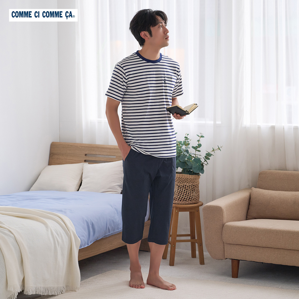 【綿混・天竺】ボーダー柄 半袖 7分丈パンツ ルームウェア 上下セット
