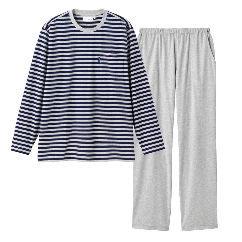 【綿混・天竺】ボーダー柄 長袖 長パンツ ルームウェア 上下セット MH8716 ネービーブルー