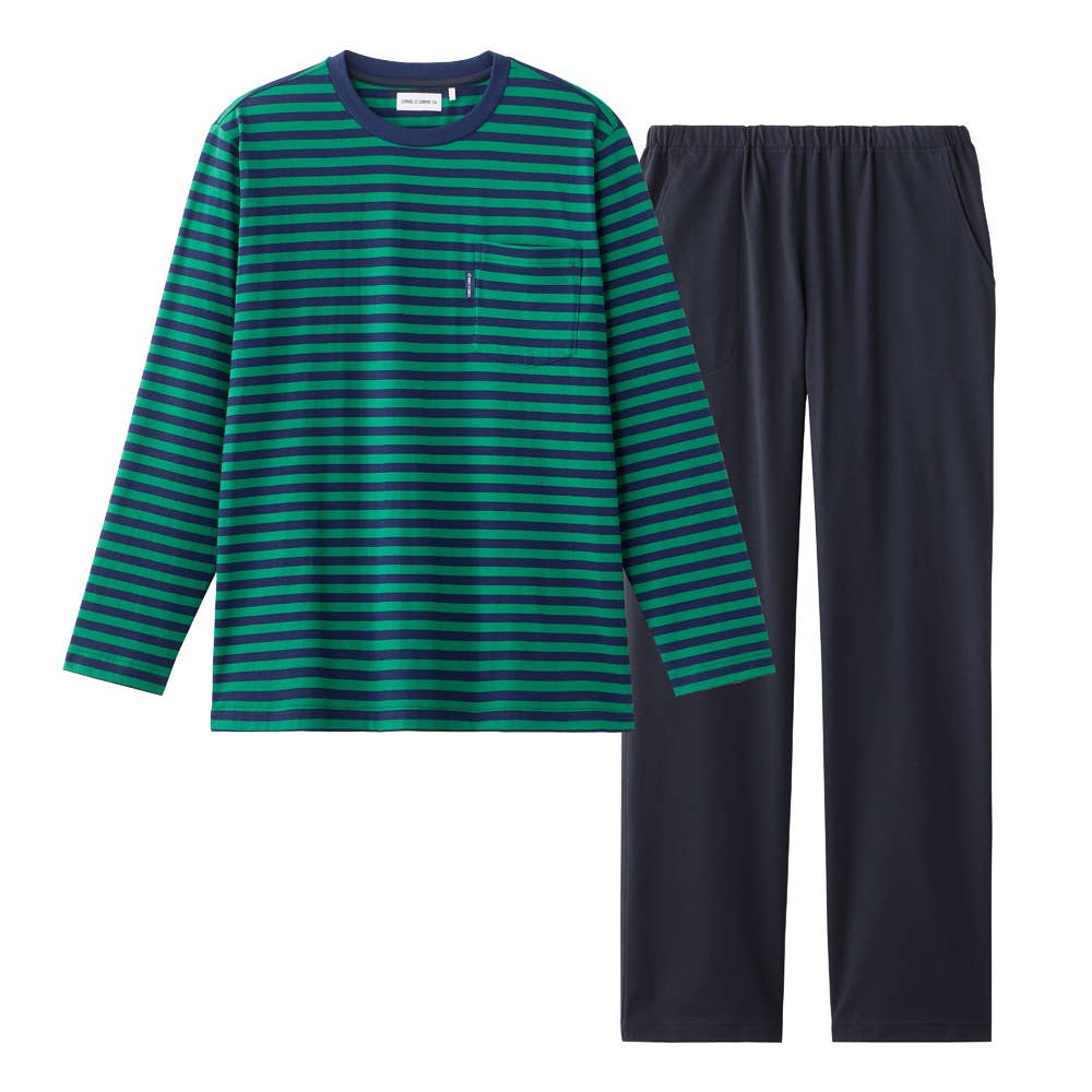 【綿混・天竺】ボーダー柄 長袖 長パンツ ルームウェア 上下セット MH8716 グリーン