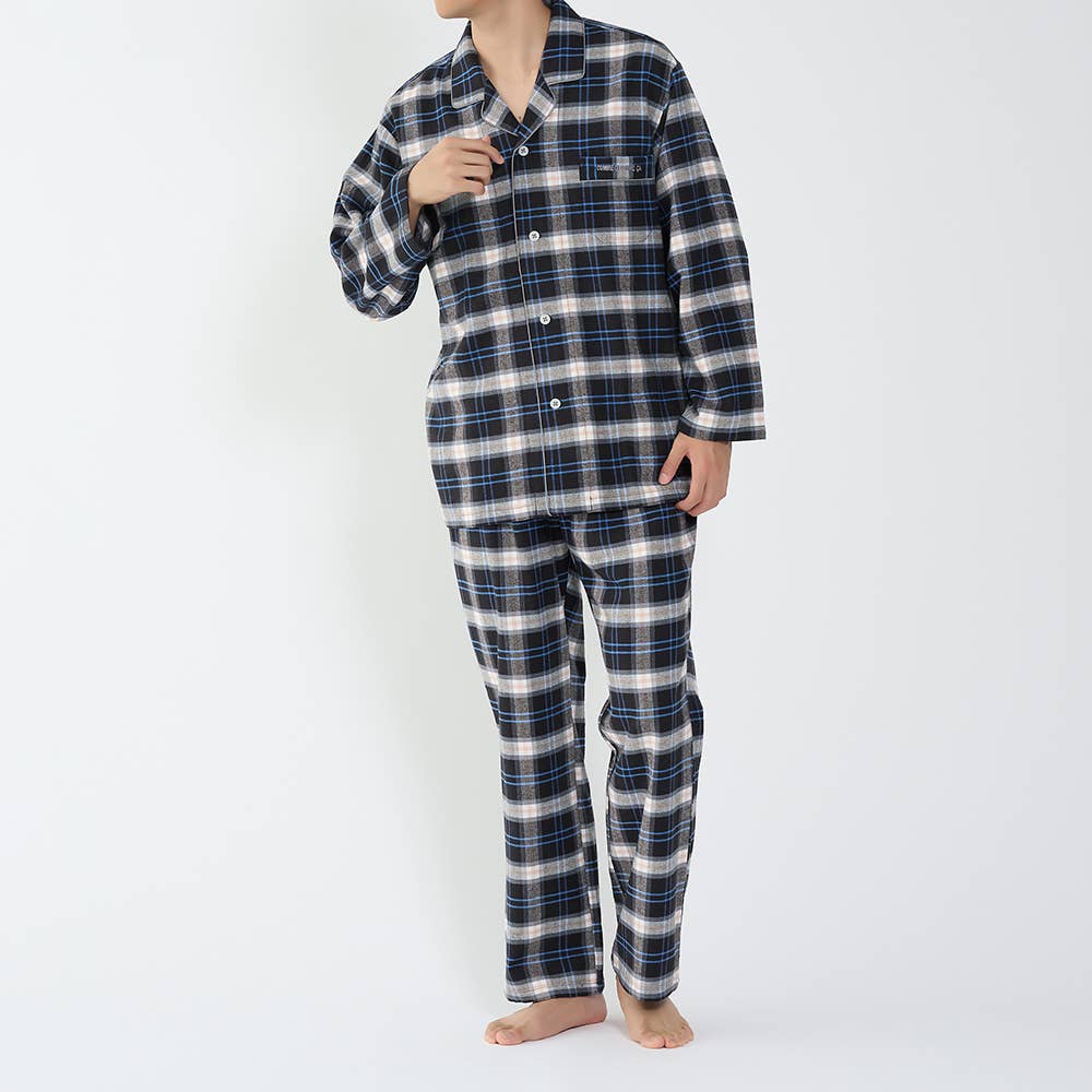 【綿100％】先染めネル起毛 長袖長パンツ パジャマ MJ6625 ブラック