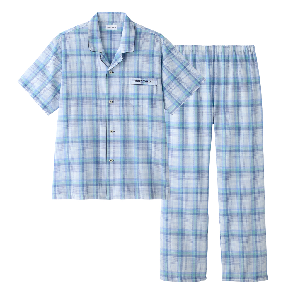 綿100％ 布帛 パジャマ 半袖長パンツ MJ7815 ネービーブルー