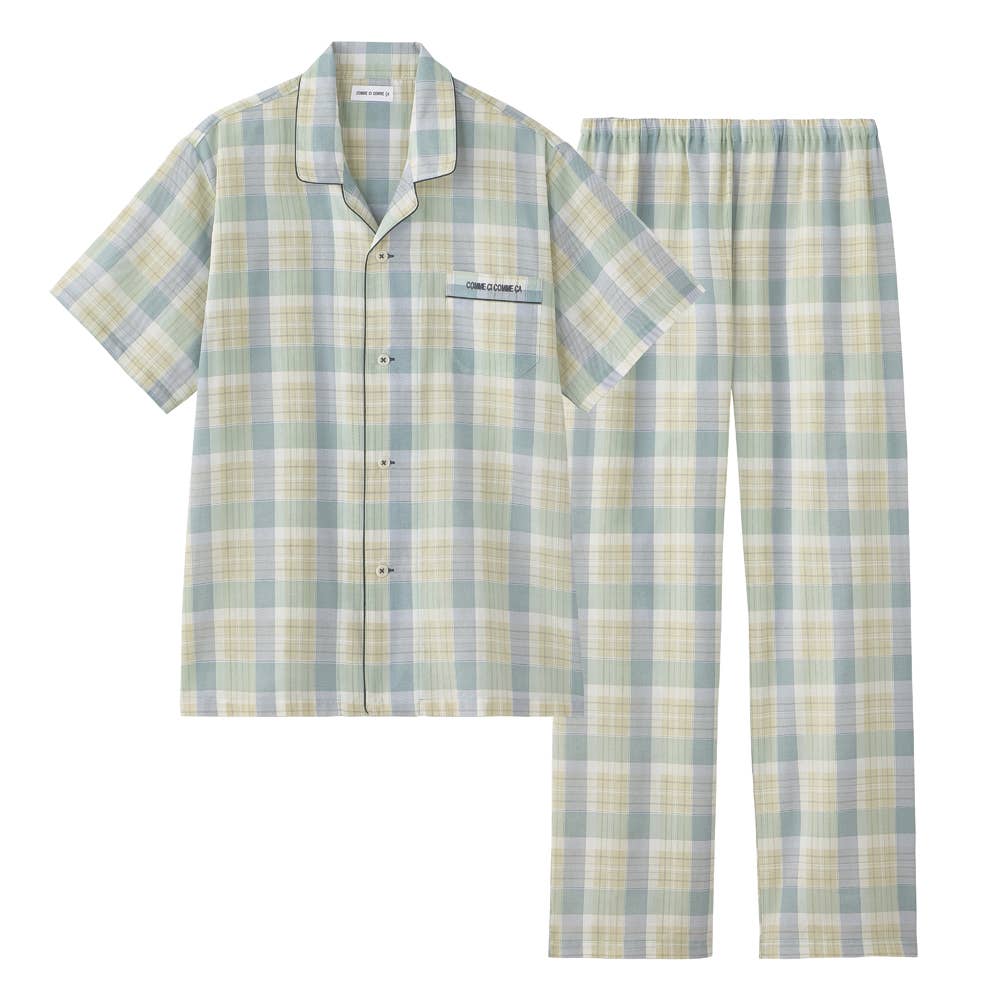 【綿100】 チェック柄 半袖 長パンツ パジャマ 上下セット MJ7816 グリーン