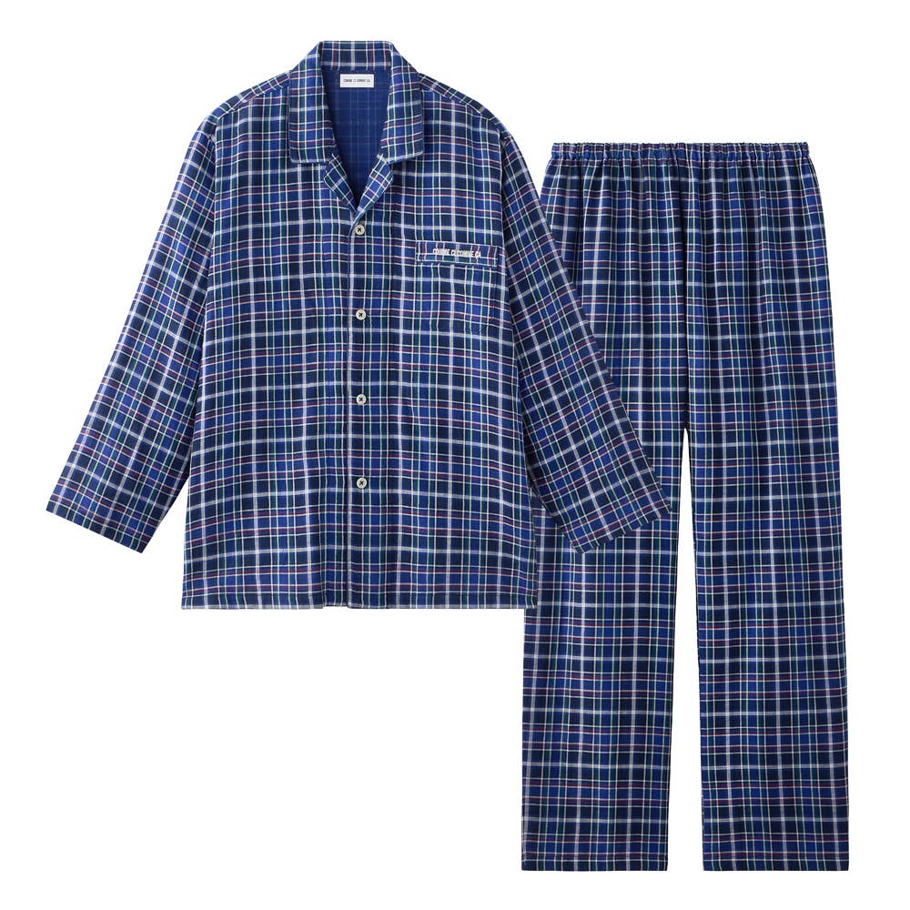 【綿100・ダブルガーゼ】 チェック柄 長袖 長パンツ パジャマ 上下セット MJ8796 ネービーブルー