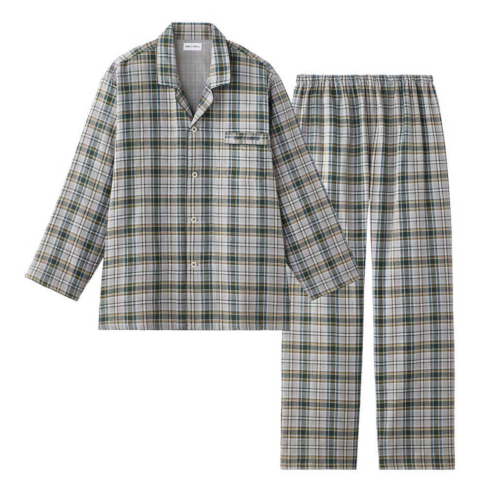 【綿100・ダブルガーゼ】 チェック柄 長袖 長パンツ パジャマ 上下セット MJ8796 グリーン