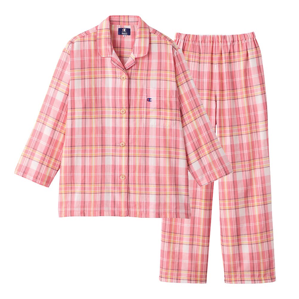 綿100％ 先染Ｗガーゼ パジャマ 長袖長パンツ【送料無料】【SALE】 OD4215 ピンク