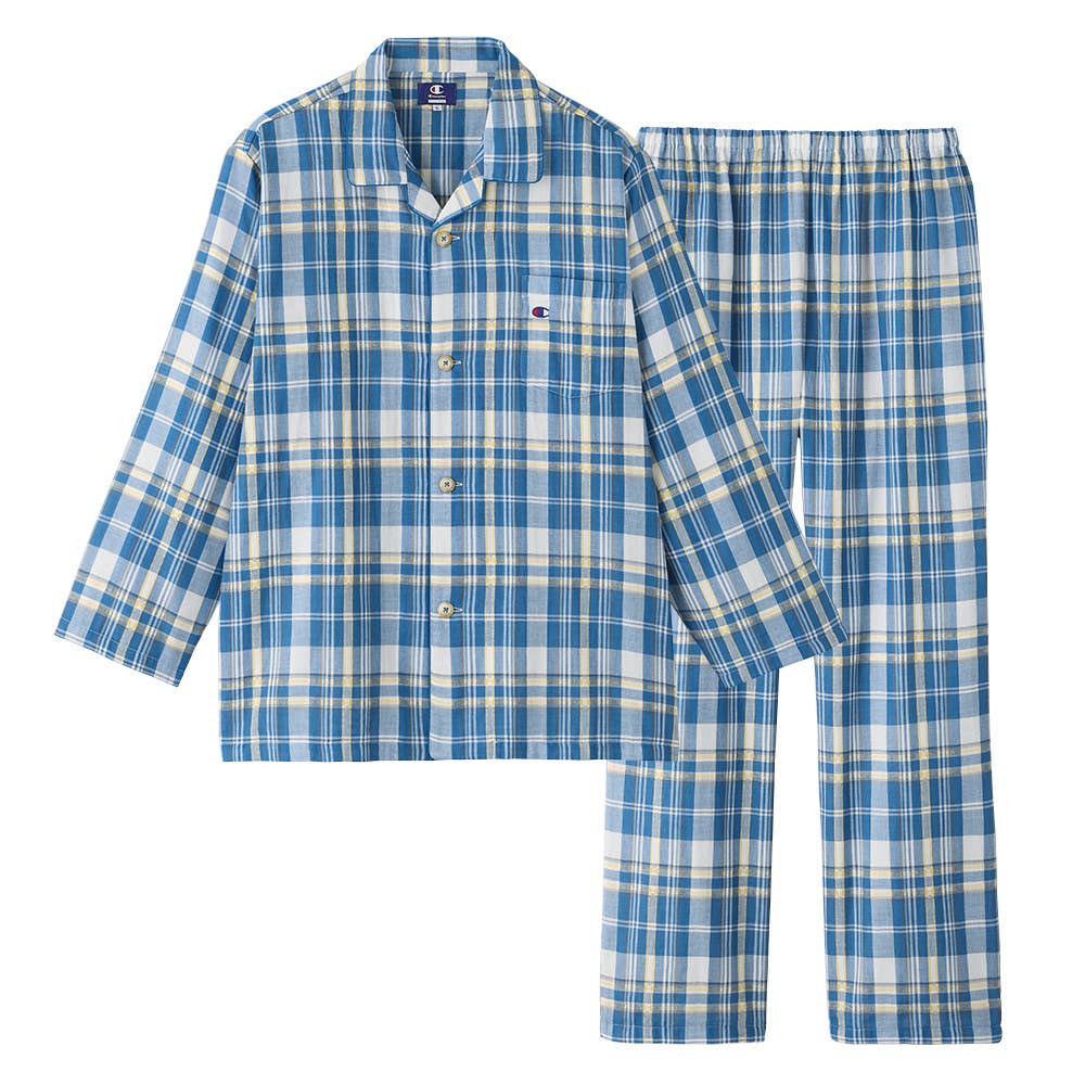 綿100％ 先染Ｗガーゼ パジャマ 長袖長パンツ【送料無料】【SALE】 OJ4105 ブルー