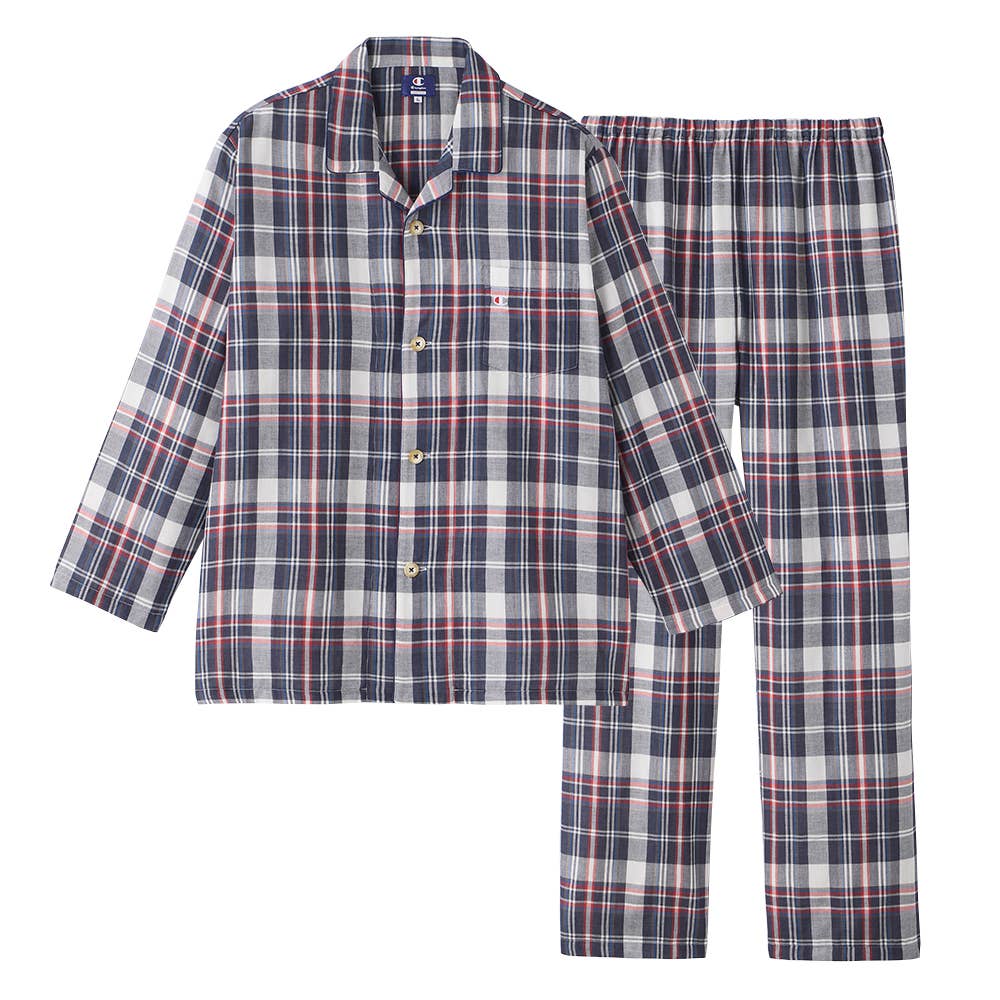 綿100％ 先染Ｗガーゼ パジャマ 長袖長パンツ【送料無料】【SALE】 OJ4105 ネービーブルー