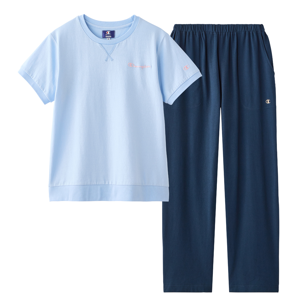 【Champion・綿100%】ルームウェア 半袖長パンツ OL3206 サックス