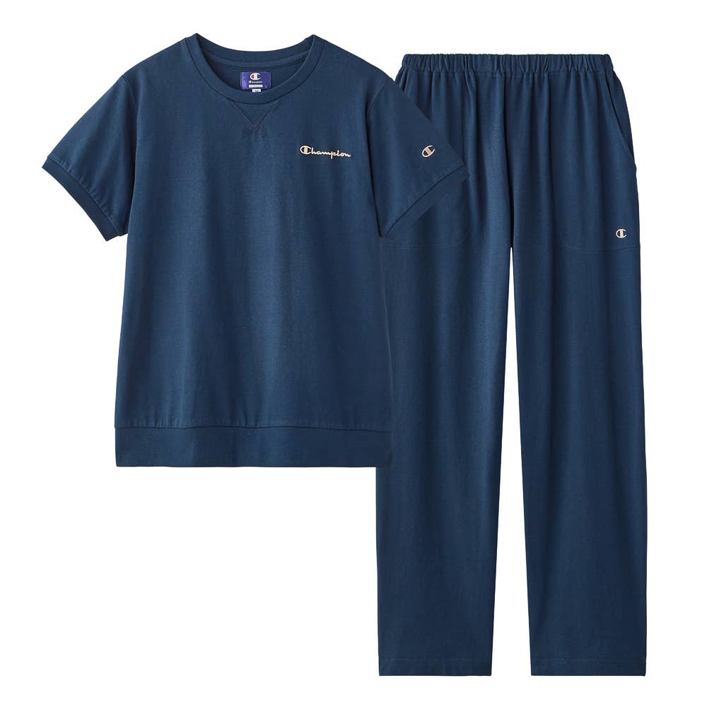 【Champion・綿100%】ルームウェア 半袖長パンツ OL3206 ネービーブルー