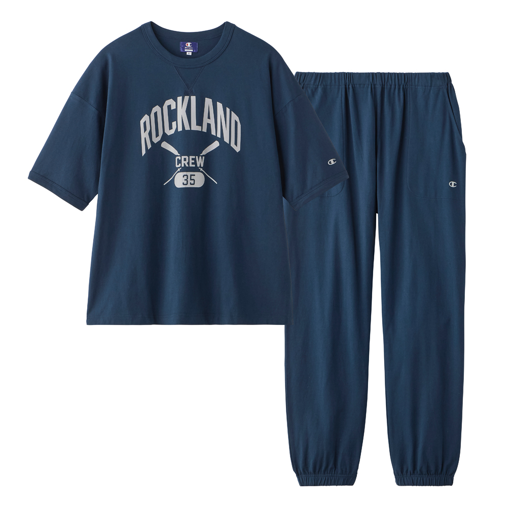 【Champion・綿100%】ルームウェア 半袖長パンツ OM3006 ネービーブルー