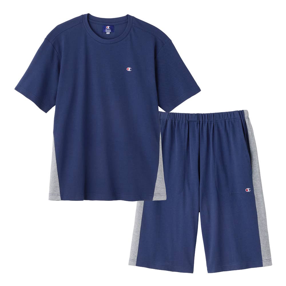 【Champion・綿混】吸汗速乾 メッシュ ルームウェア 半袖半パンツ OM3016 ネービーブルー