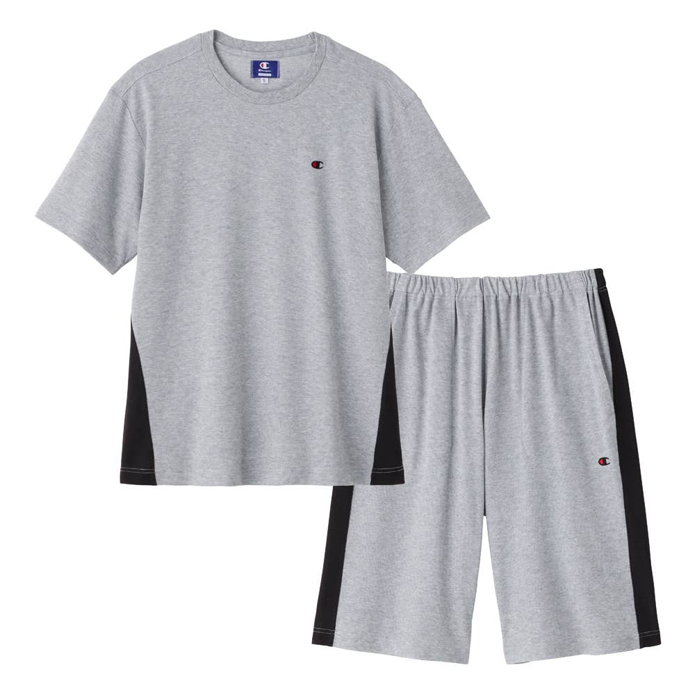 【Champion・綿混】吸汗速乾 メッシュ ルームウェア 半袖半パンツ OM3016 グレー