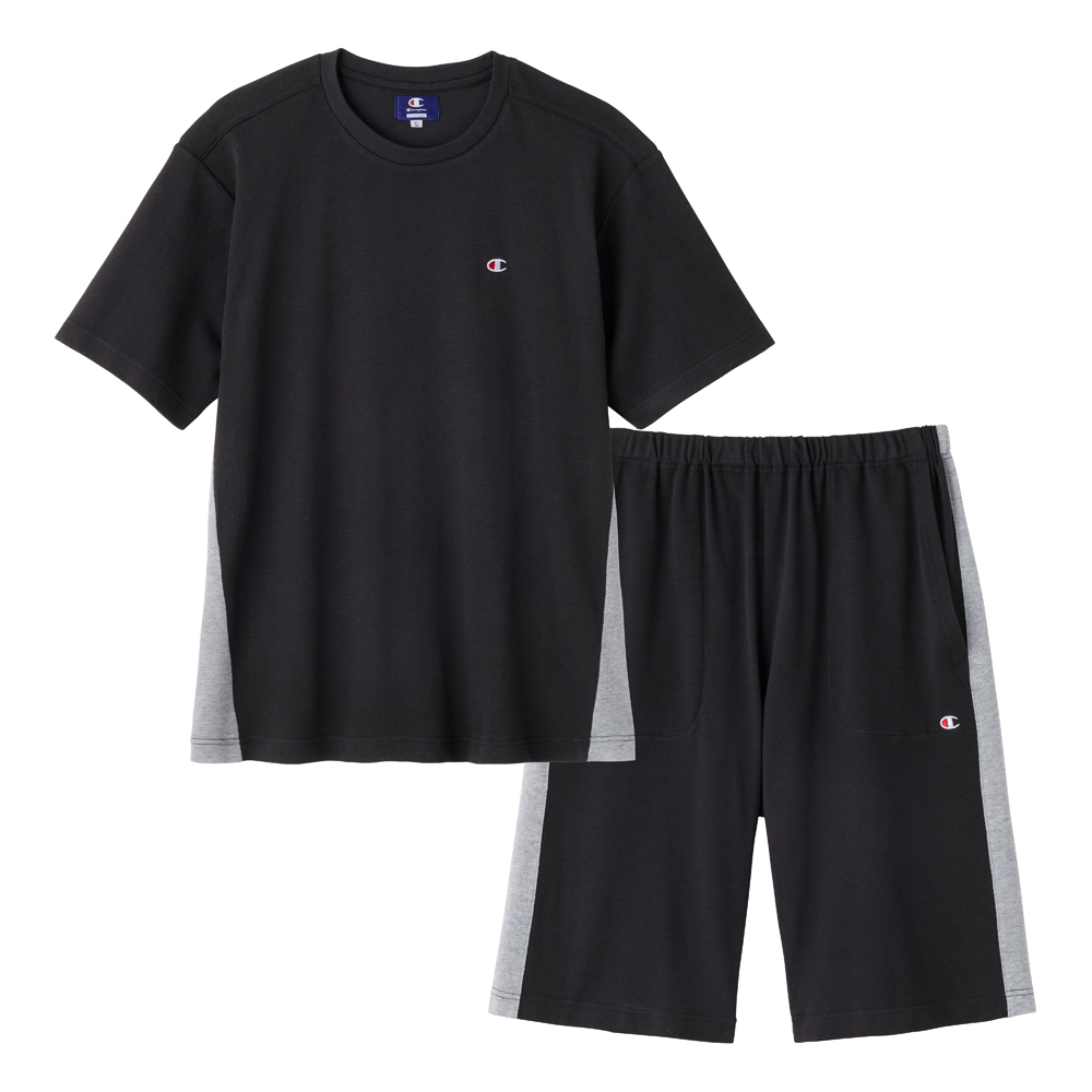 【Champion・綿混】吸汗速乾 メッシュ ルームウェア 半袖半パンツ OM3016 ブラック