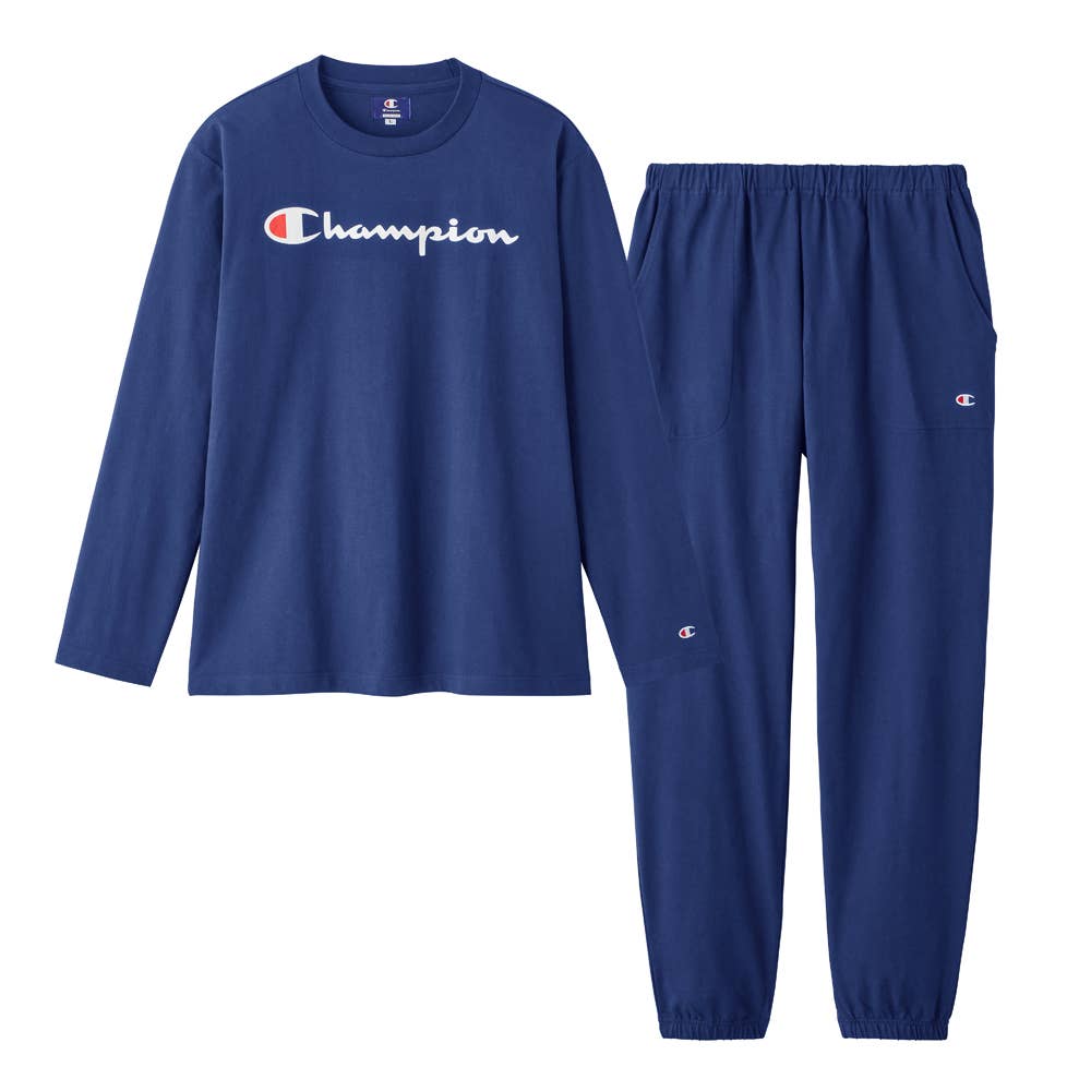 綿100％ 厚手天竺 ルームウェア 長袖長パンツ OM4715 ネービーブルー