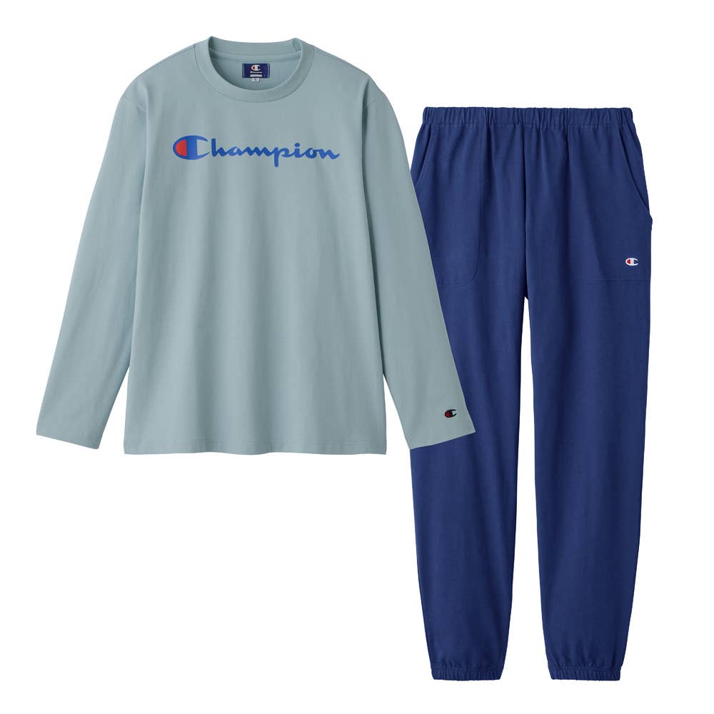 綿100％ 厚手天竺 ルームウェア 長袖長パンツ OM4715 ブルーグレー