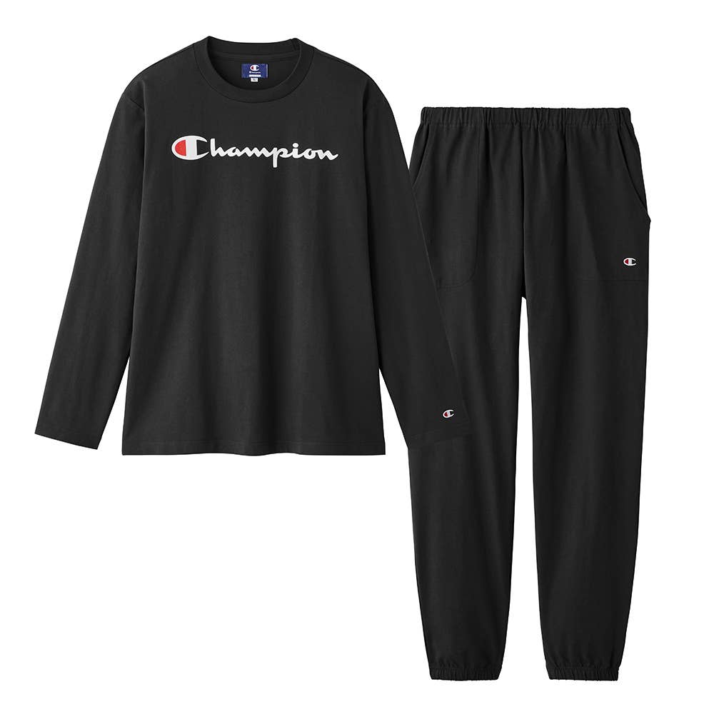 綿100％ 厚手天竺 ルームウェア 長袖長パンツ OM4715 ブラック