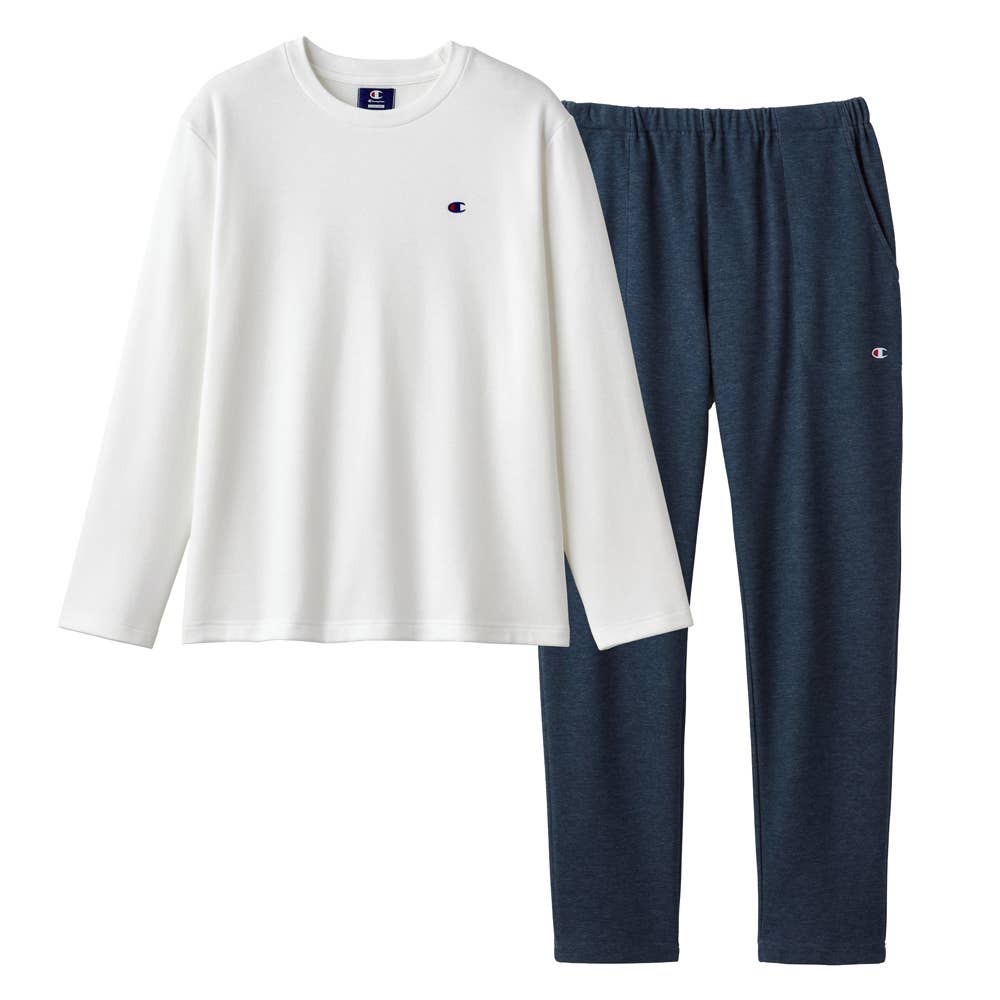 綿混 ダンボールニット ルームウェア 長袖長パンツ OM8503 ホワイト