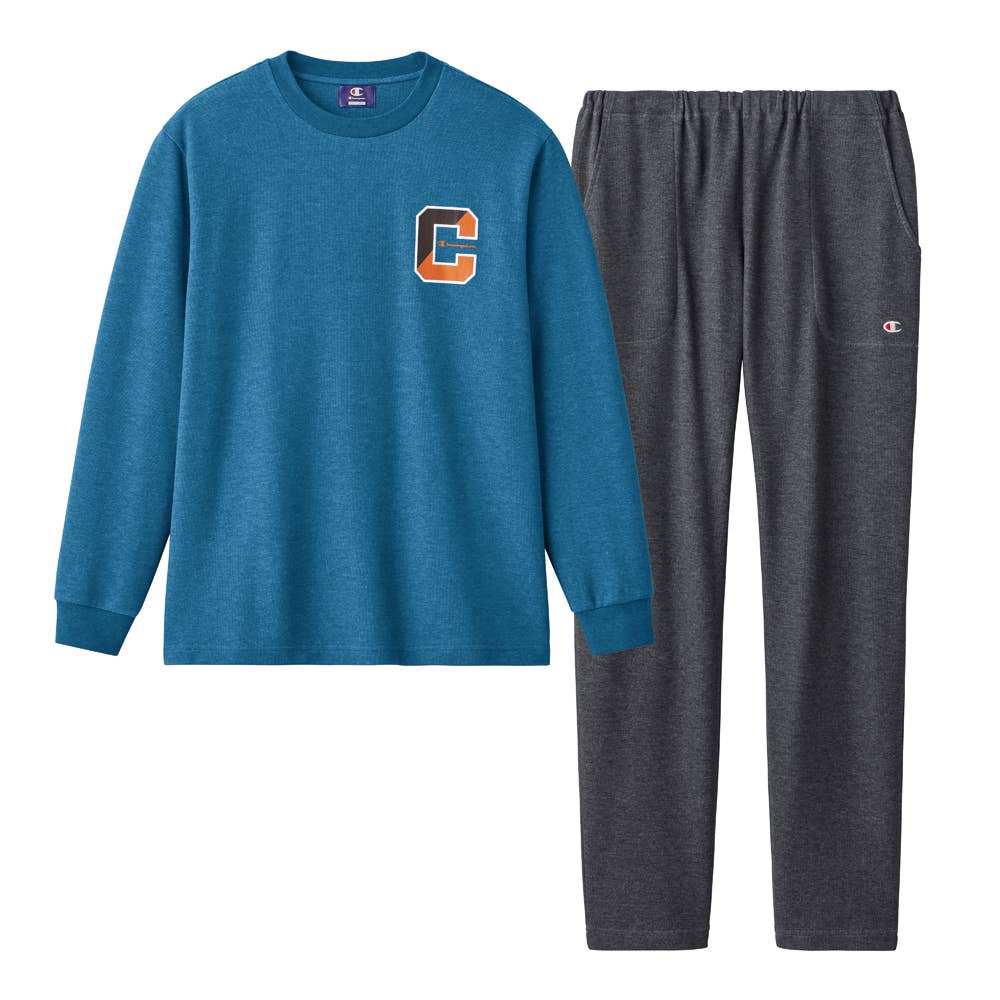 【綿混】ダンボールニット 長袖長パンツ ルームウェア OM8515EC ブルー