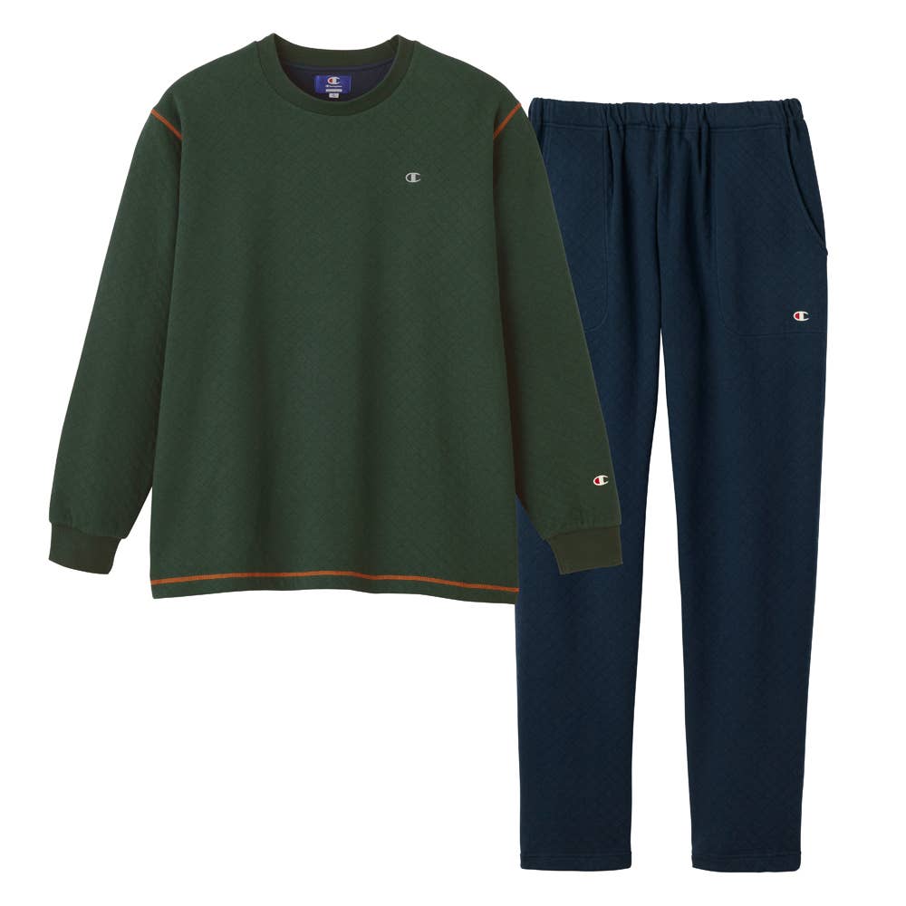 表裏綿100％ カジュアルなルームウェア 長袖長パンツ OM8524 ダークグリーン