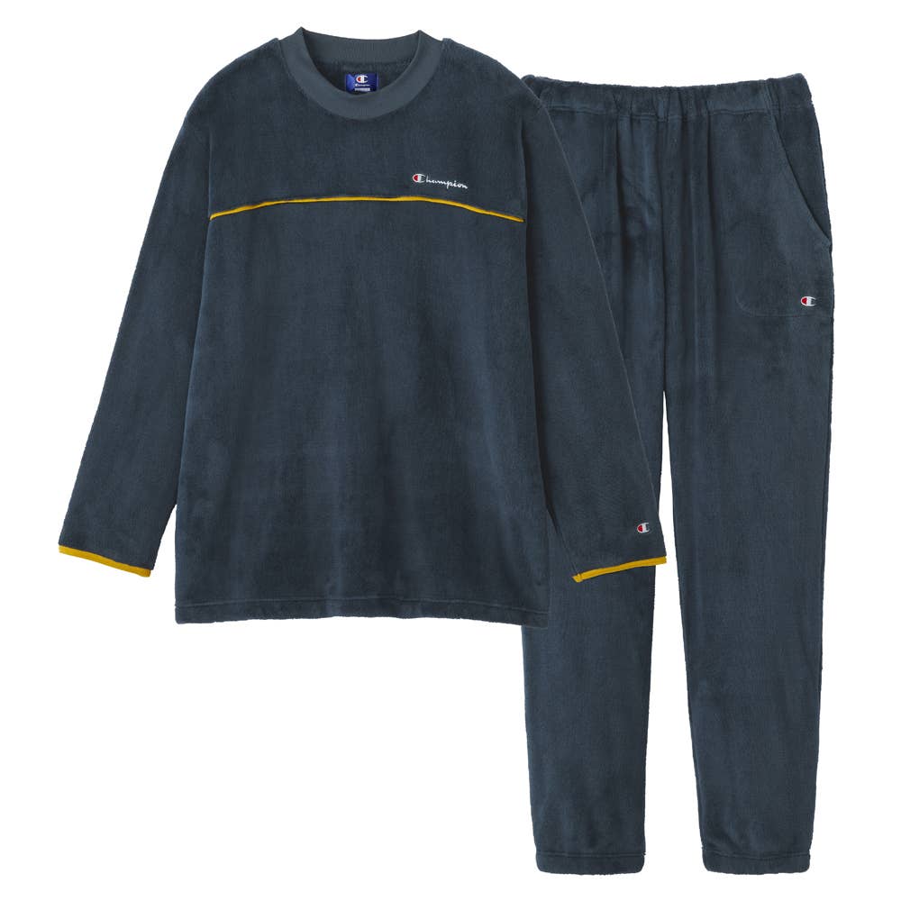 両面起毛 ボア スタイリッシュなルームウェア 長袖長パンツ OM8544 ネービーブルー