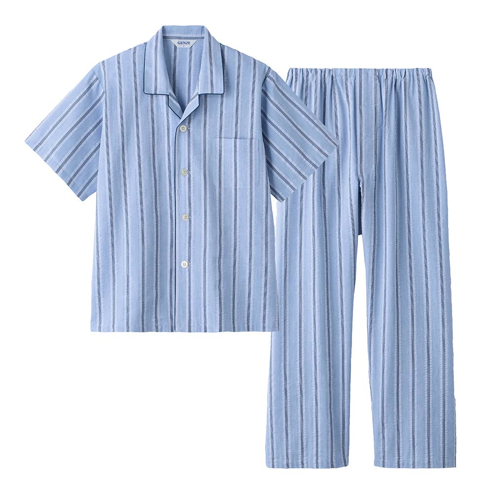 綿100％ 先染サッカー パジャマ 半袖長パンツ【SALE】 SF1035 ブルー