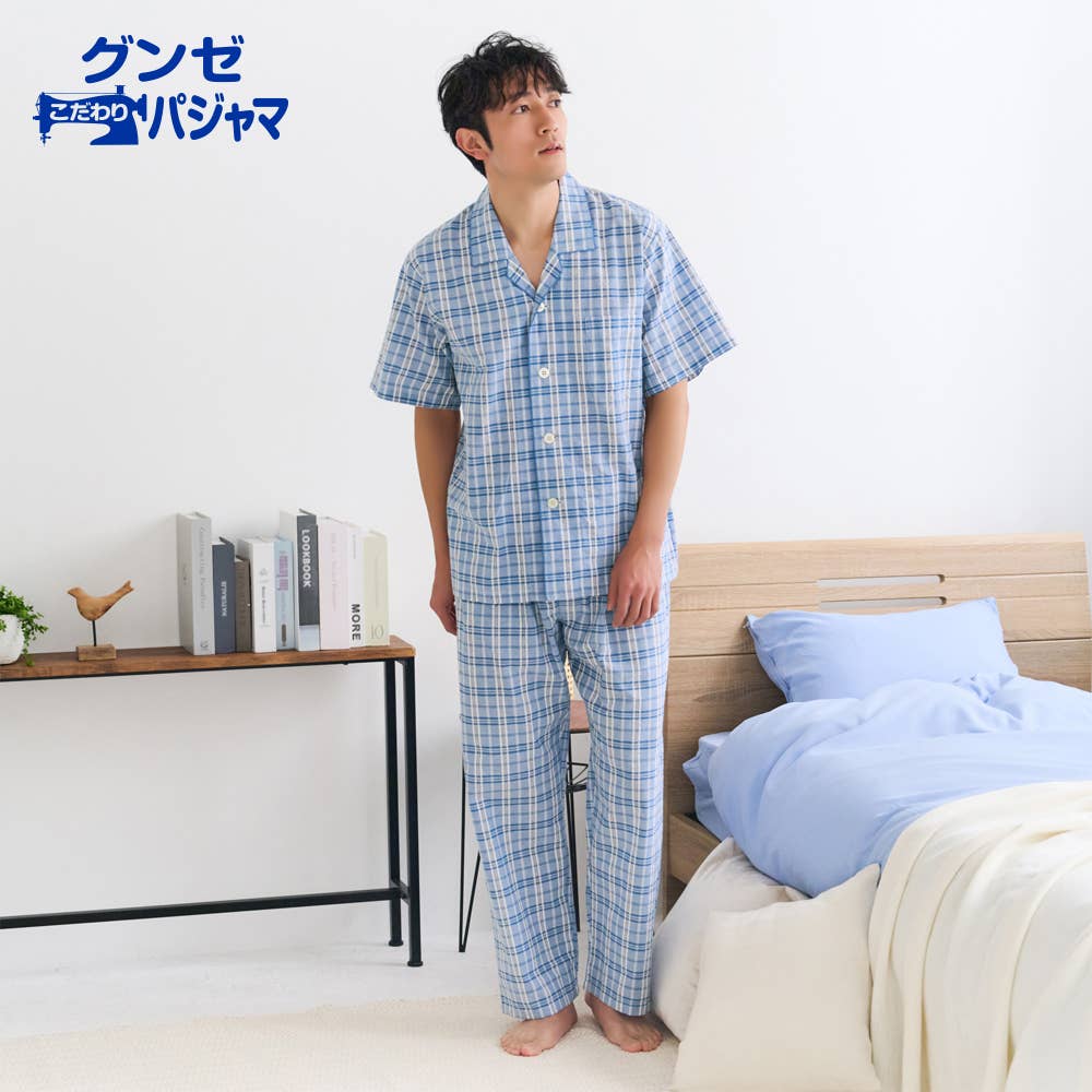 綿100％ 先染サッカー パジャマ 半袖長パンツ
